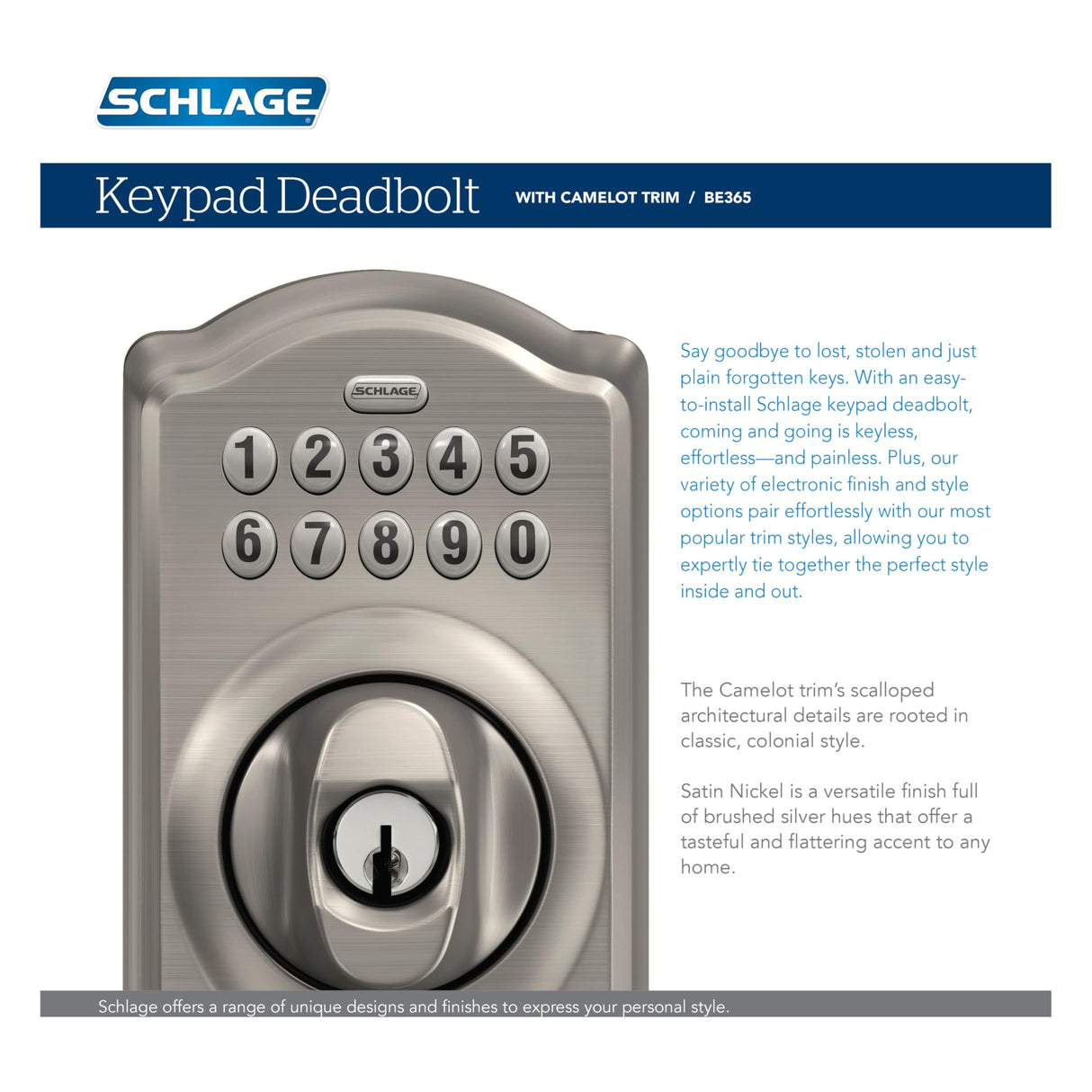 Schlage Camelot Electronic Keypad Deadbolt Lock, Keyless Front Door Entry, Mechanical Key Backup Included, Bright Brass, BE365 CAM 505
