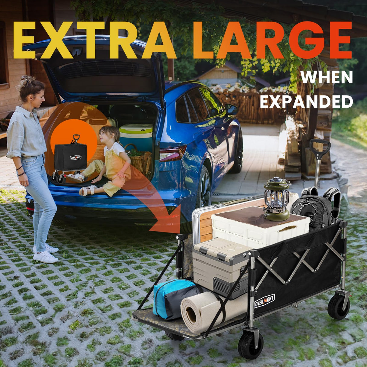Overmont 200L Collapsible Wagon with Tailgate, 300 lb Heavy Duty Cart