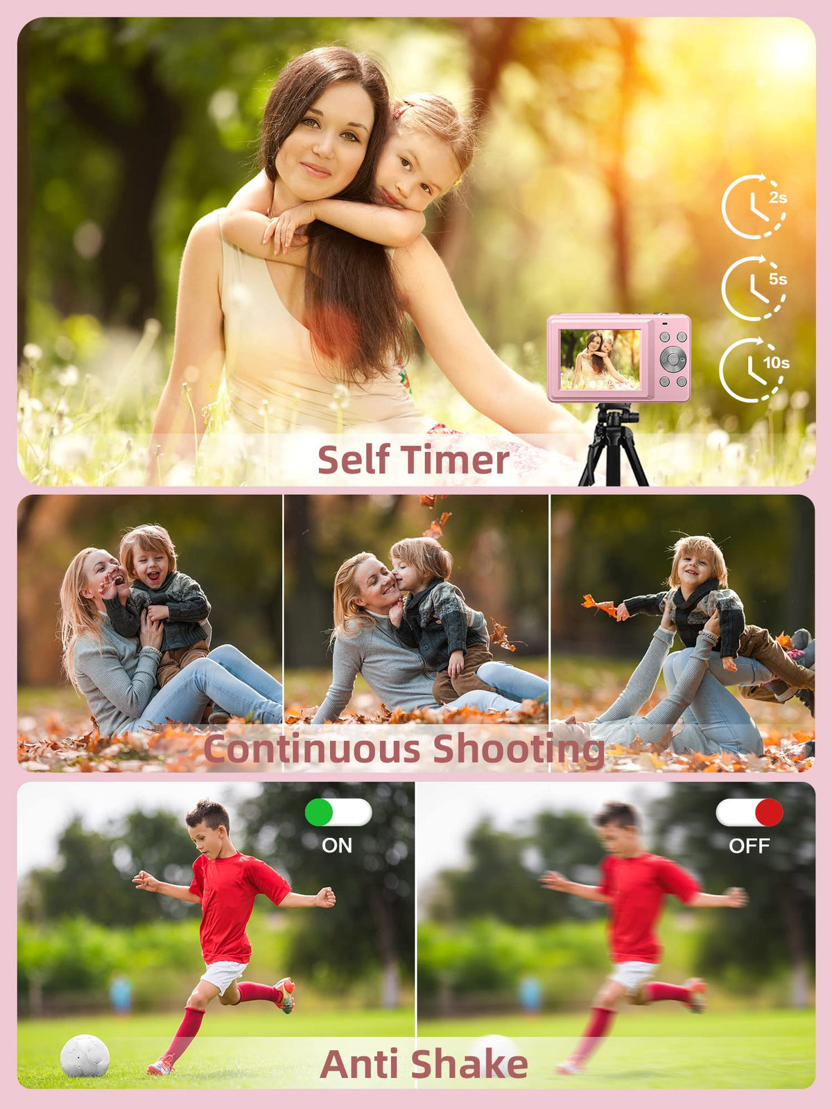 Camkory Digital Camera FHD 1080P with 32G Card 16X Zoom Easy for Kids Pink