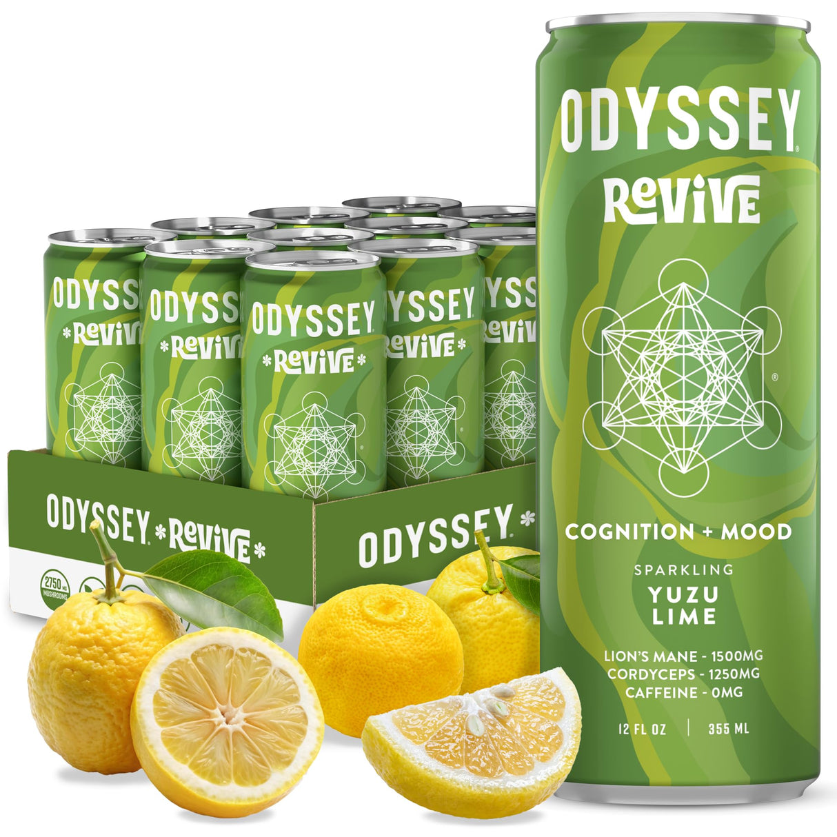 Odyssey Revive Sparkling Hydration Drink w/L Theanine, Lions Mane, Cordyceps and Electrolytes, Caffeine Free Natural Energy Drinks, Vegan, Non-GMO, Yuzu Lime Flavor, 12 Fl oz, 12 Pack