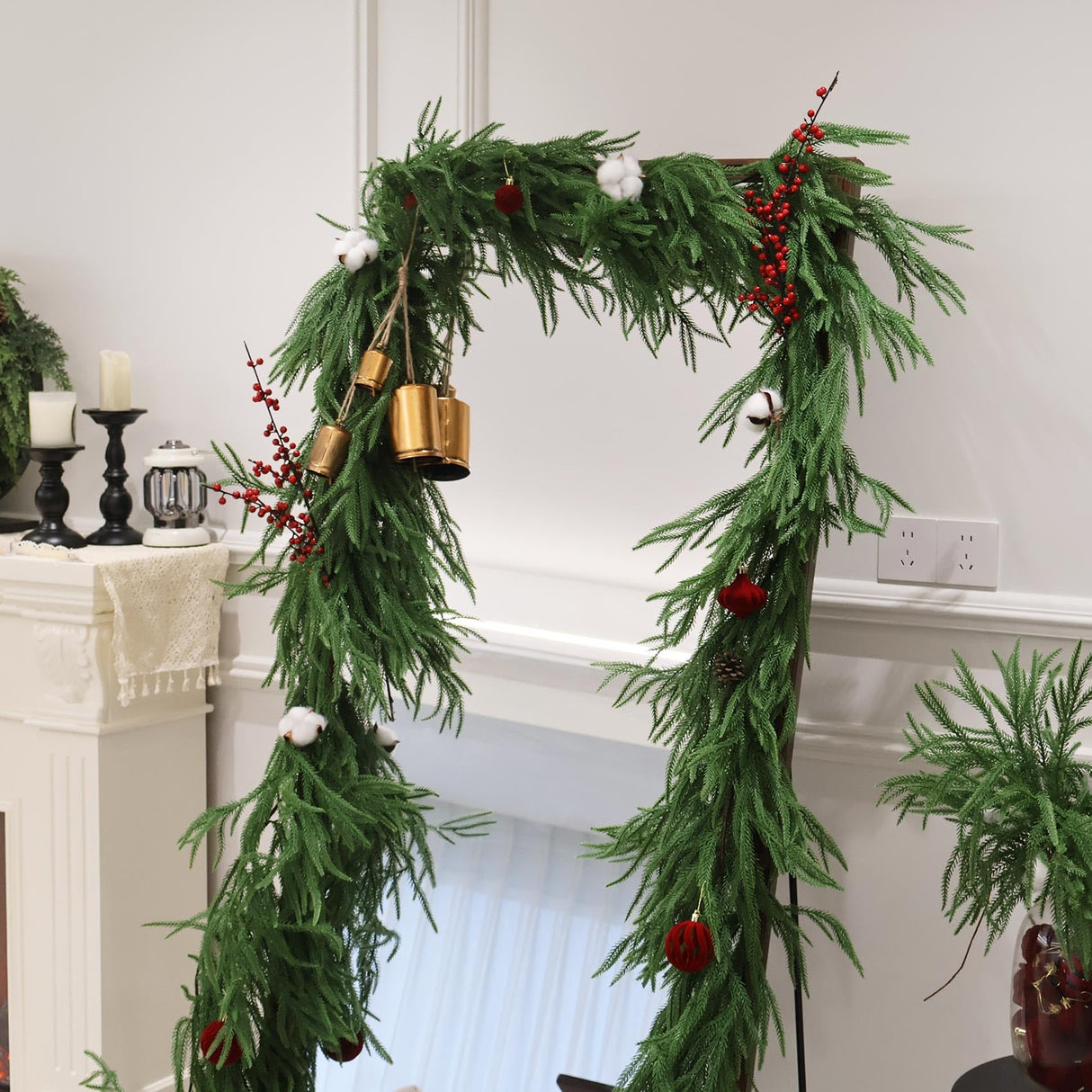 9FT Christmas Garlands Norfolk Pine Garland Real Touch Artificial Faux Greenery Garland for Holiday Indoor Outdoor Decor