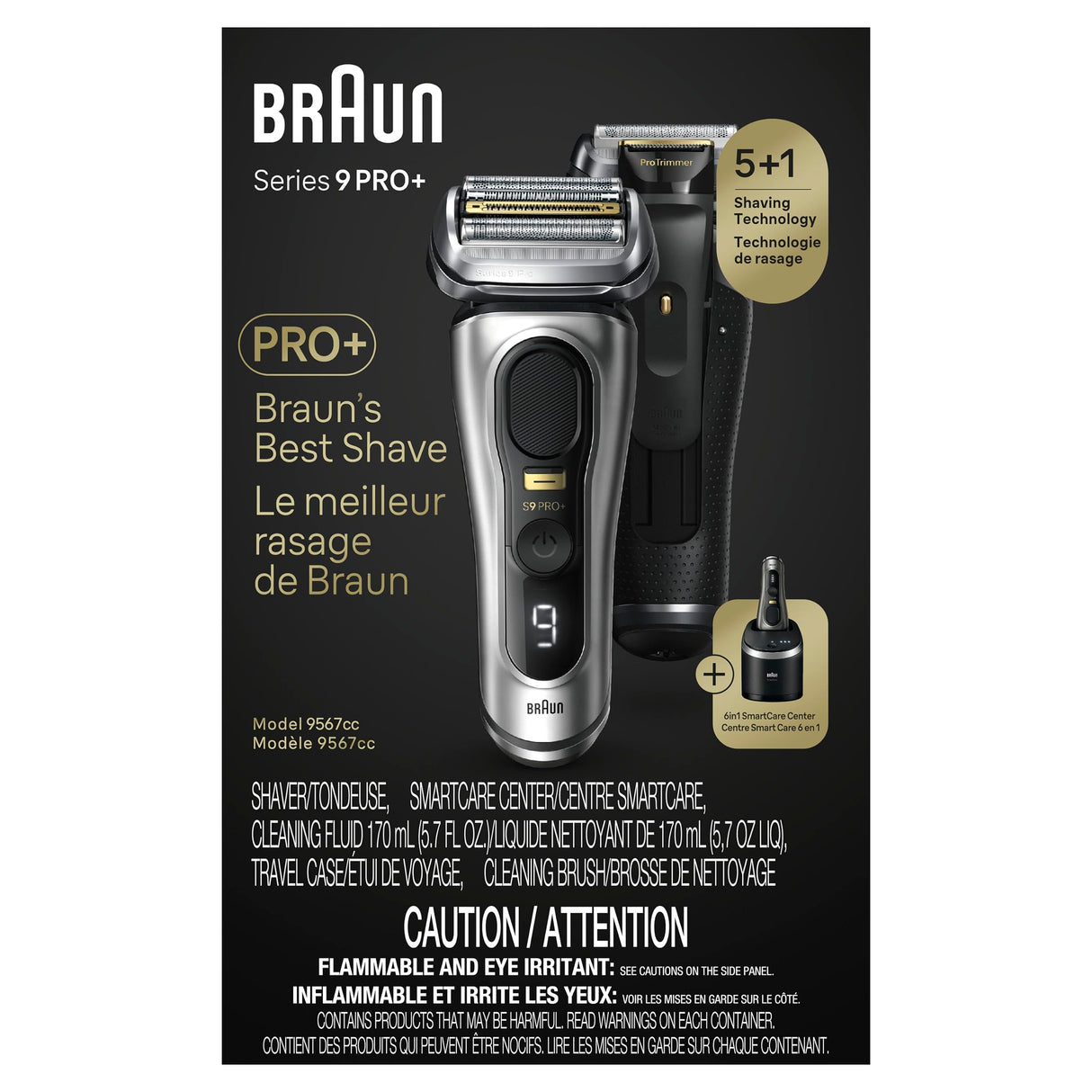 Braun Series 9 PRO+ Electric Razor for Men, 5 Pro Shave Elements & Precision Long Hair Trimmer, 6in1 SmartCare Center, Wet & Dry Electric Razor for Smooth Skin with 60min Battery Runtime, 9567cc