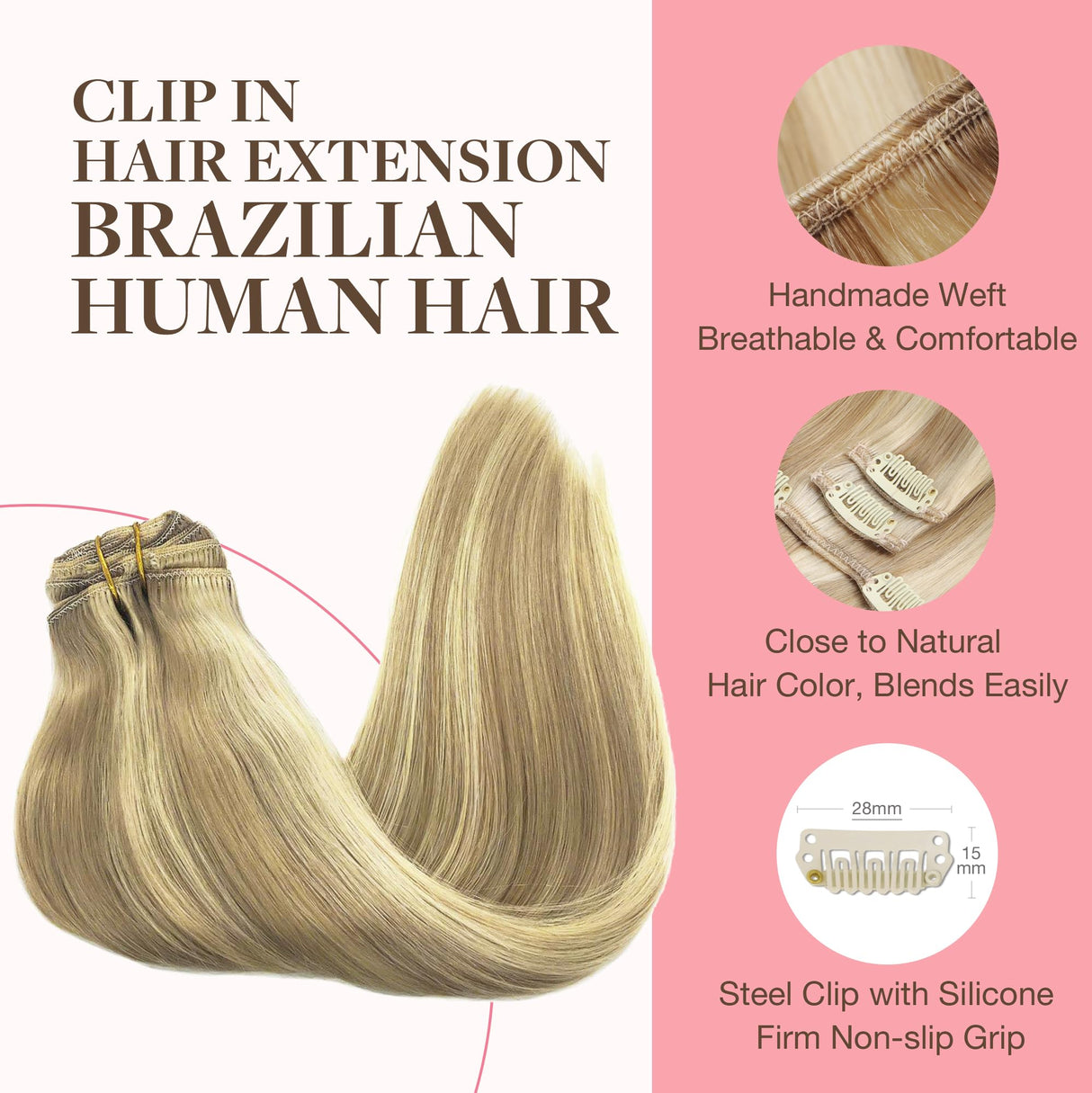 GOO GOO Clip in Hair Extensions Real Human Hair, Remy Human Hair Extensions Clip ins for Women, Natural Human Hair, 16inch 120g 7Pcs, 16/22 Light Blonde Highlighted Golden Blonde