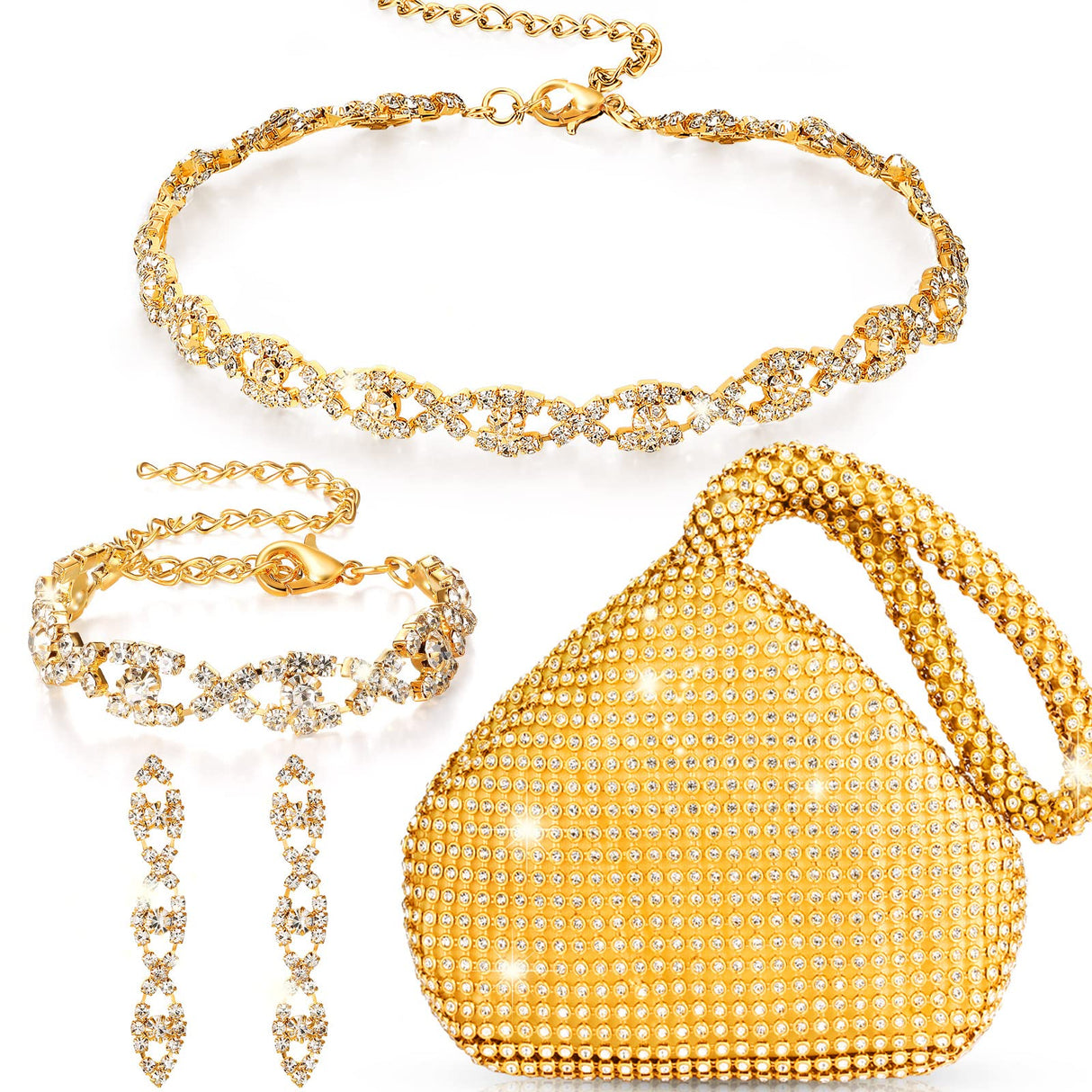 MTLEE 4 Pieces Rhinestone Necklace Choker Bracelet Earring Clutch Purses Jewelry Set Women Crystal Triangle Bling Diamond Purse Rhinestone Bag for Wedding Party (Gold)