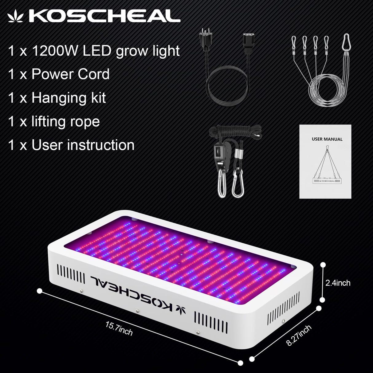 KOSCHEAL KS2000 230W LED Grow Light, 2.8 µmol/J Full Spectrum