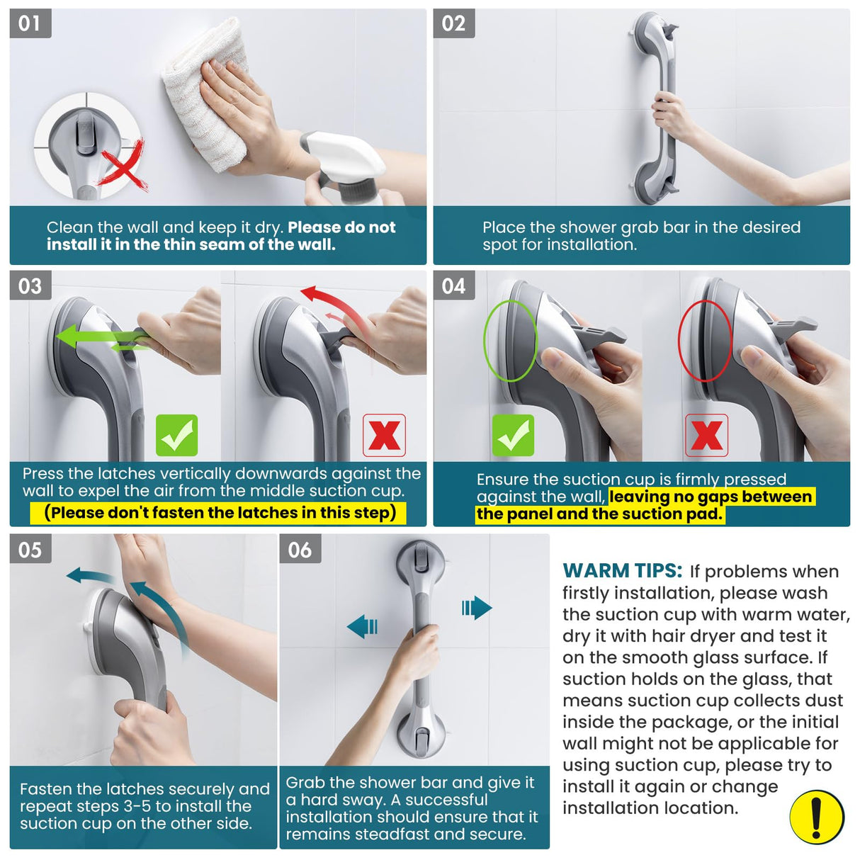 TAILI Shower Grab Bar 2 Pack 16 Inch Suction Grab Bars for Bathtubs & Showers, Heavy Duty Shower Handle Removable Shower Handrails for Elderly and Seniors, No Drilling Waterproof, Silver