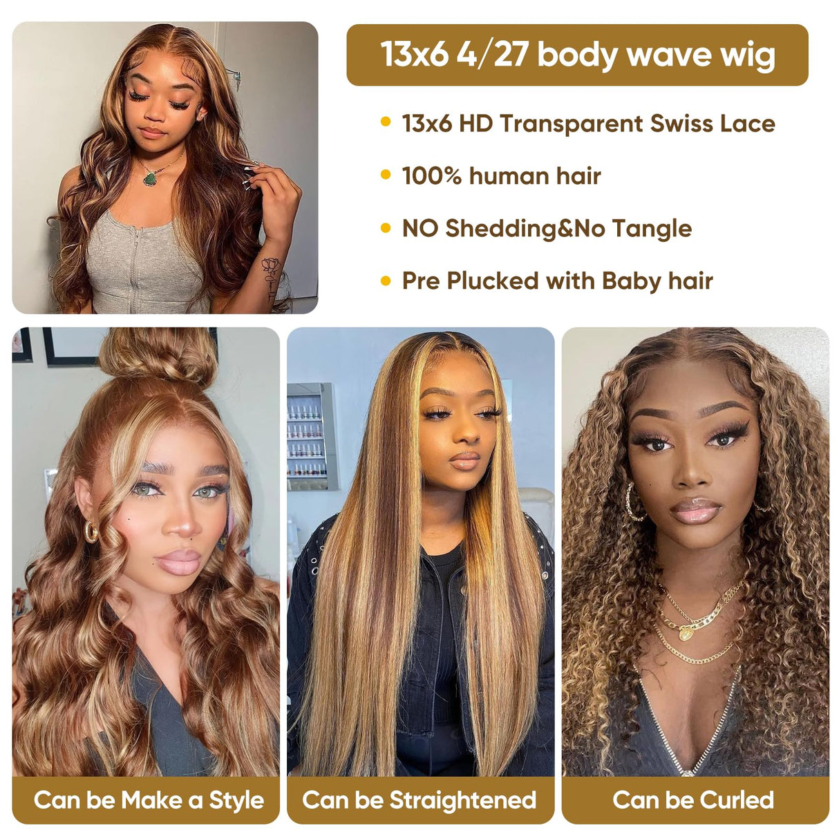 Kesenmu Ombre Lace Front Wig Human Hair - 13x6 HD Body Wave Highlight Lace Frontal Wigs Human Hair Pre Plucked With Baby Hair,180% Density 4/27 colored Glueless Honey Blonde Wig Human Hair 28 inch