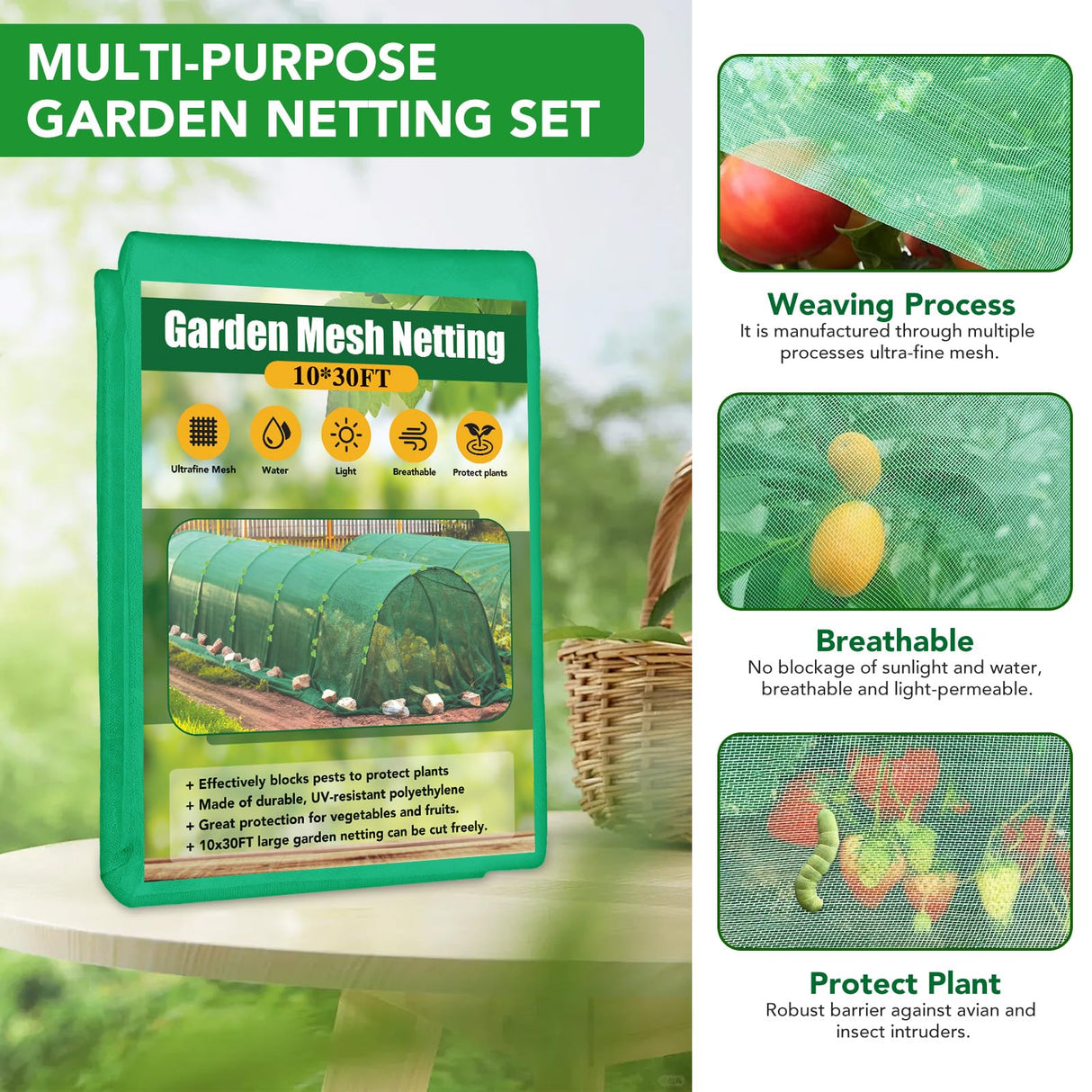 Garden Mesh Netting Kit for Raised Beds, 10x30FT Green Garden Netting &6 Sets Fiberglass Garden Hoops, Row Cover Garden Netting Pest Barrier Plant Protection for Vegetable Flowers Fruits