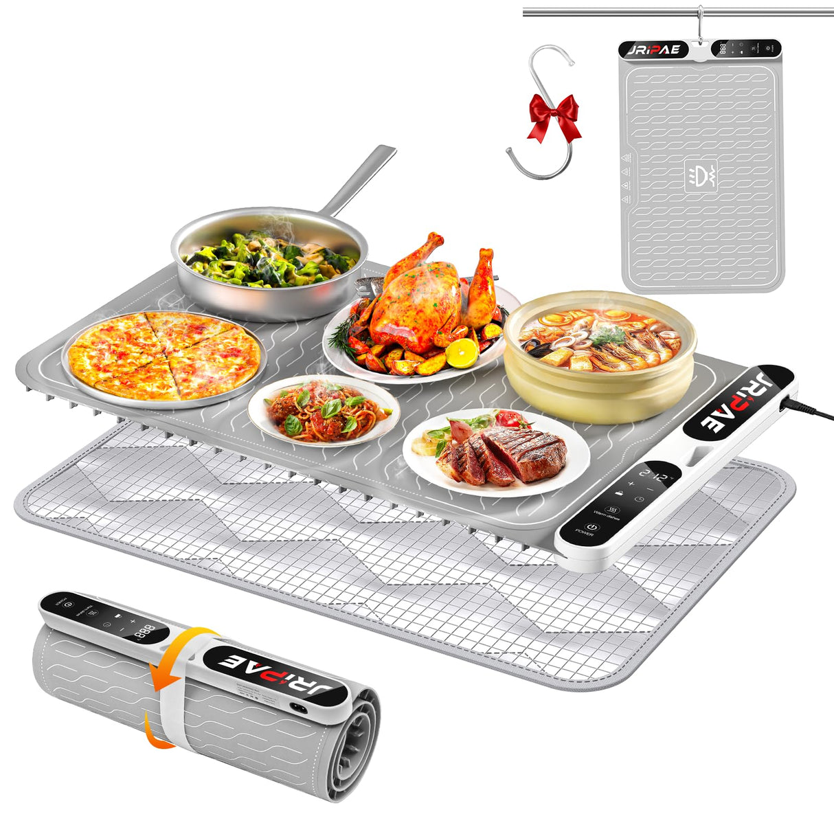 Jripae Warming Mat for Food, Fast Heating Silicone Electric Warming Tray with Heat Resistant Pad Protects Table,7 Level Temp, 8H Timer, Portable & Rollable Food Warmers for Parties Buffet, Daily Use