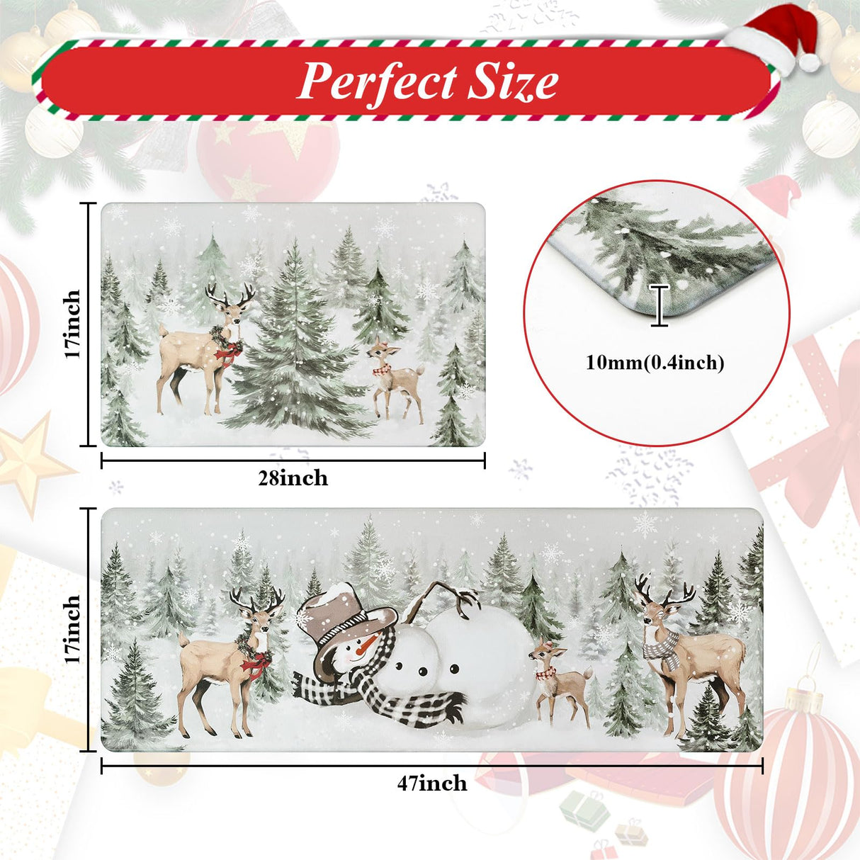 U'Artlines 2Pcs Christmas Anti Fatigue Kitchen Rugs and Mats, Christmas Tree Snowman Deer Non Slip Foam Cushioned Farmhouse Kitchen Floor Mats Comfort Standing Mats for Winter Home Decor Grey