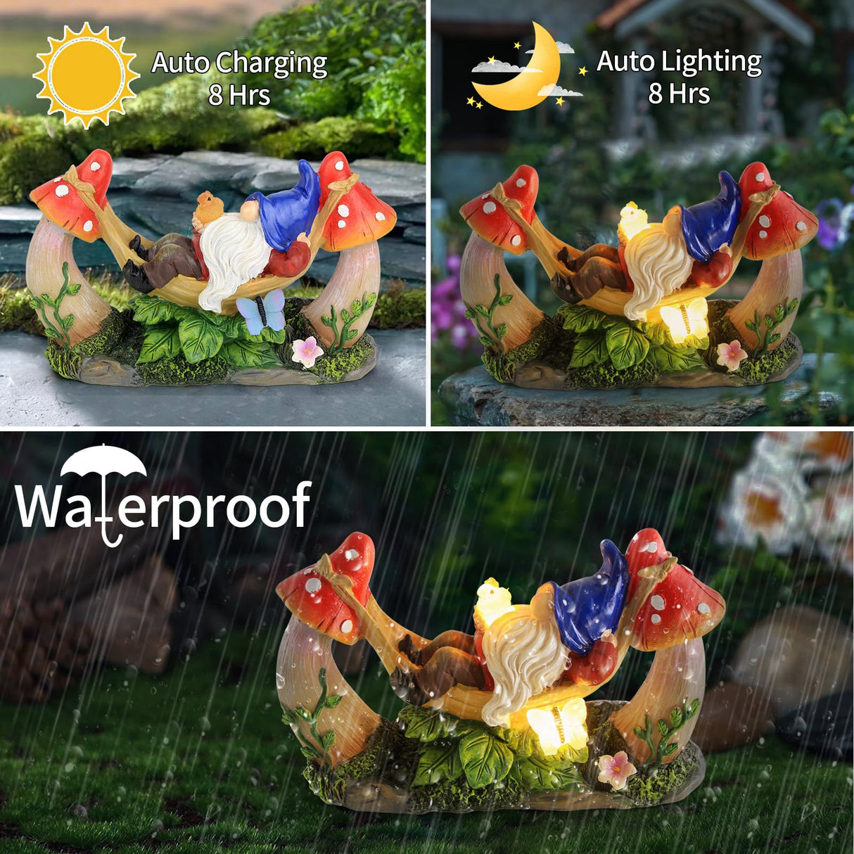 Sinhra Outdoor Garden Gnome Statue,Solar Gnomes Figurine Lying on Hammock with Bird and Mushrooms,Outdoor Garden Decoration for Patio Yard Lawn Porch,Gifts for Mom/Grandma/Women