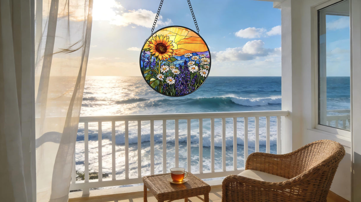 Argodaze Stained Glass Window Hanging - Sunflowers, Daisies, Lavender and Sunset 6.3 Inches Suncatcher for Garden Home Decor for Women Mom Grandma Friends
