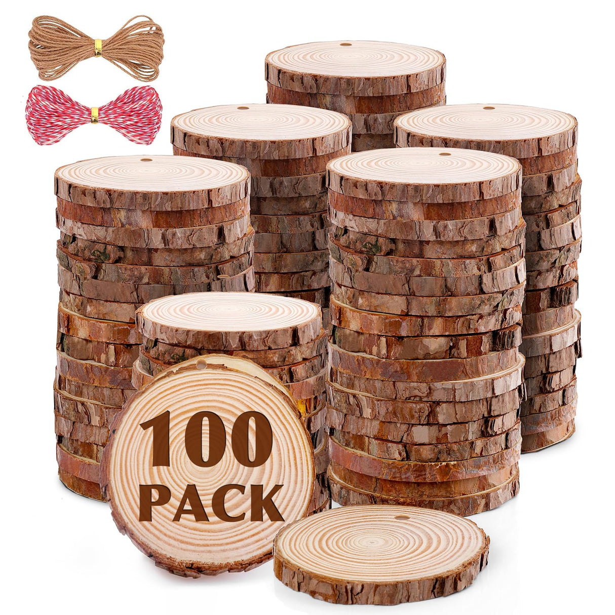 100 Pack Nature Wood Slices for Crafts,2.4-2.8In Unfinished Natural Wood Rounds.Wood Circles Predrilled with Hole and 20m Rope for Wooden Craft Supplies,Painting,Christmas Ornaments,DIY Gifts
