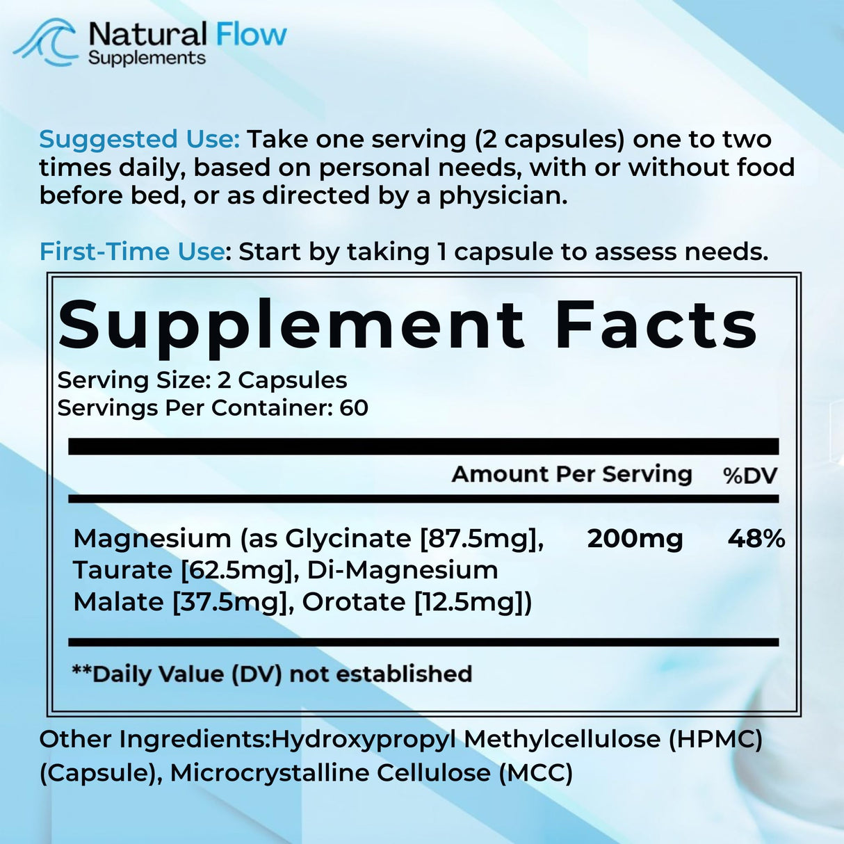 Natural Flow 4X Magnesium Supplement, Magnesium Glycinate, Taurate, Malate, Orotate Complex, Calm Sleep and Cramp Support Blend, No Mag Citrate or Oxide, 120 Capsules