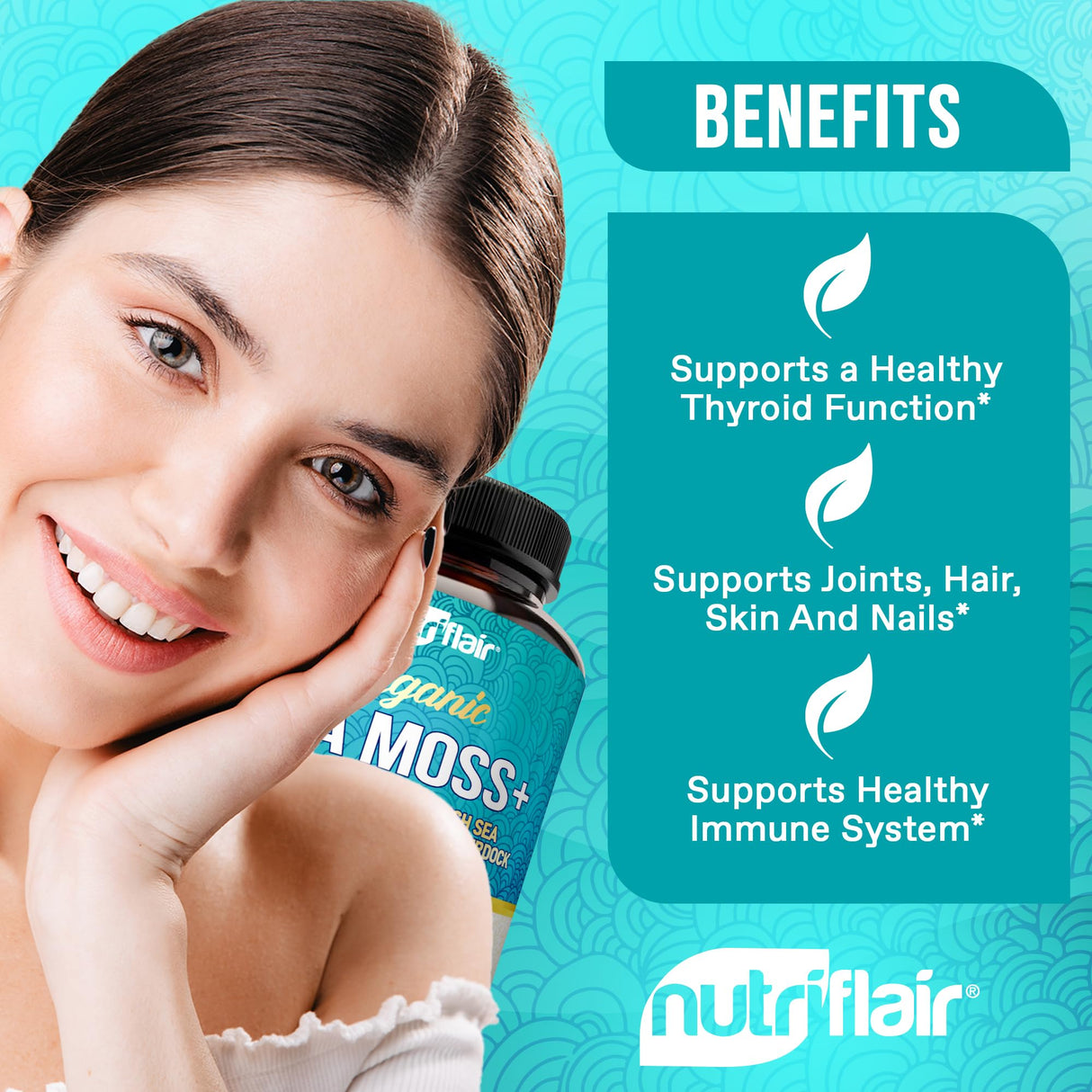 NutriFlair Organic Irish Sea Moss 1600mg, 120 Capsules Plus Bladderwrack & Burdock - Prebiotic Super Food - Immune System & Digestive Health - Thyroid, Healthy Skin, Keto Detox, Gut