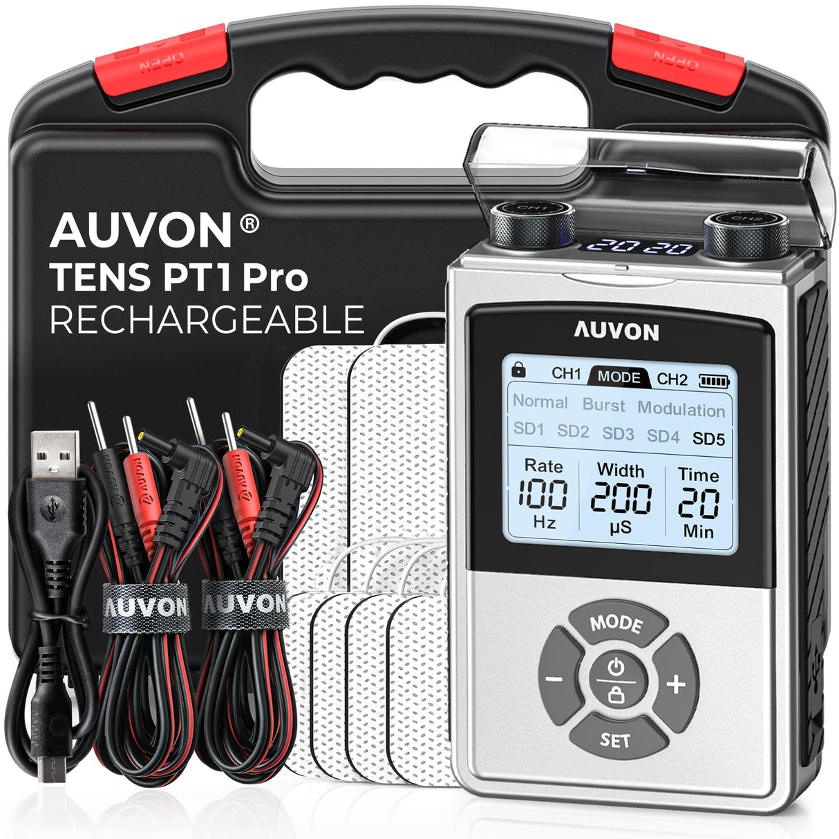 AUVON Rechargeable Digital TENS Unit Muscle Stimulator with 600 mAh Battery, TENS Machine with 8 Customizable Modes, Electric Massager for Shoulder, Back Pain Relief, 6 TENS Pads, A Carry Case