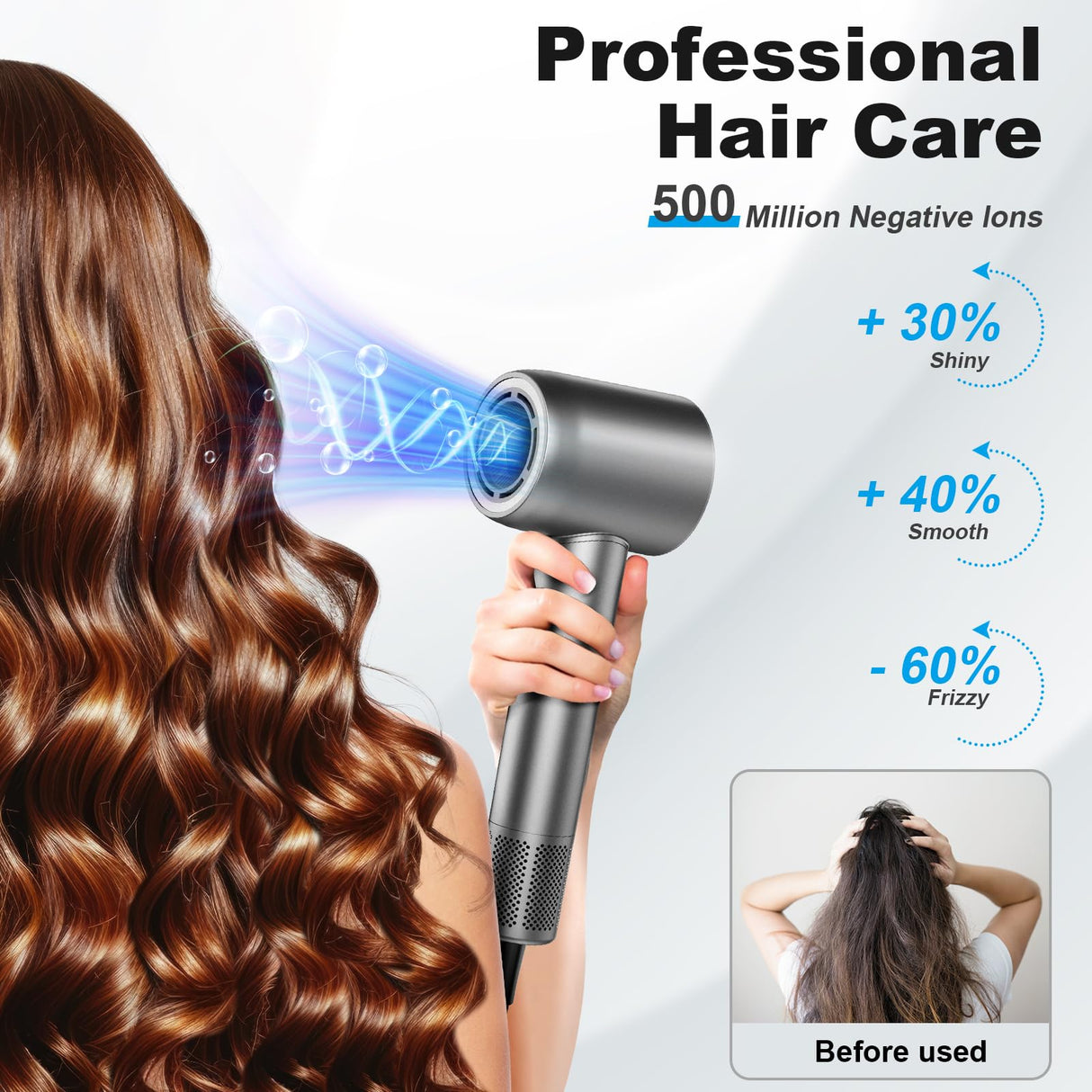 Guowo Hair Dryer, 160000 RPM Professional High Speed Ionic Blow Dryer for Fast Drying, 5 Temps/3 Speeds Lightweight Hairdryer with Magnetic Diffuser for Curly Hair for Home Travel Salon, Silver