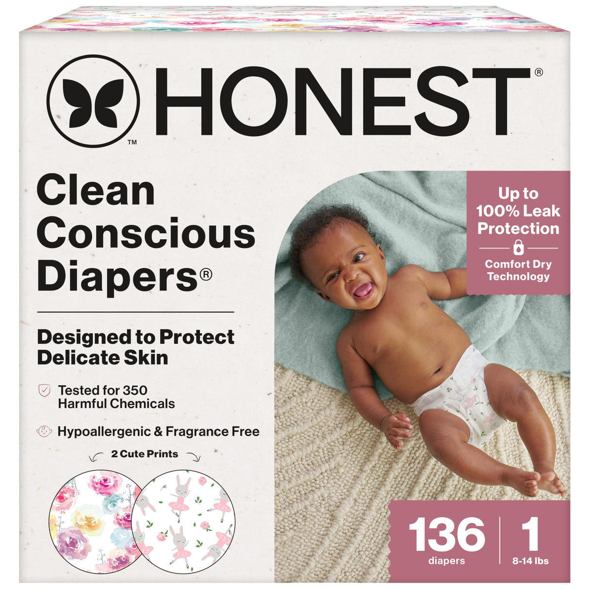The Honest Company Clean Conscious Diapers for Sensitive Skin | Hypoallergenic, Fragrance Free | Gender Neutral Prints | Super Club Box, Size 3 (16-28 lbs), 120 Count (Prints May Temporarily Vary)