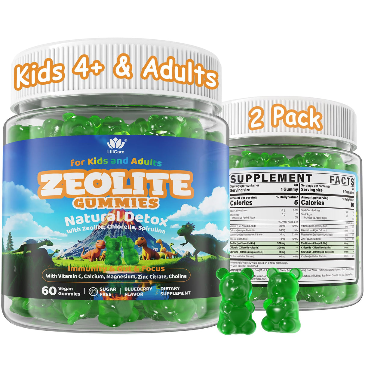 Zeolite Gummies for Kids & Adults, Sugar Free Zeolite Detox Supplements w/ Chlorella, Spirulina, Minerals, Choline - Gentle Body Detox & Cleanse, Gut Health, Immune, Focus, Energy, Bone, Vegan, 120cts