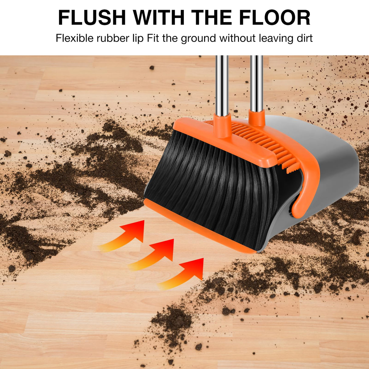 NACENA Broom and Dustpan Set, 52-in Long Adjustable Handle Broom Dustpan Combo with Dustpan Teeth to Automatically Clean Hair Suitable for Home Kitchen Office Hall Floor(Grey&Orange)