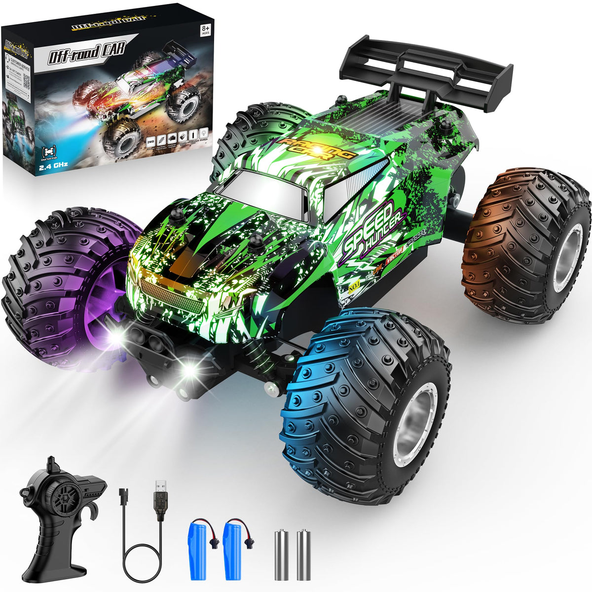 Remote Control Car All-Terrain 1:18 Rc Car with LED Lights 2 Batteries