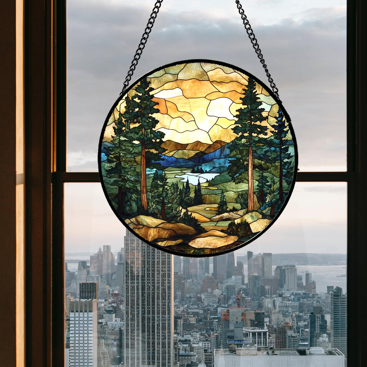 GEFOS Stained Glass Window Hanging Forest Lake Mountain Sunset 7.8" - Suncatcher Door Garden Sunroom Sun Catcher Home Decor Birthday Christmas for Mom Men Woman Nana Friend