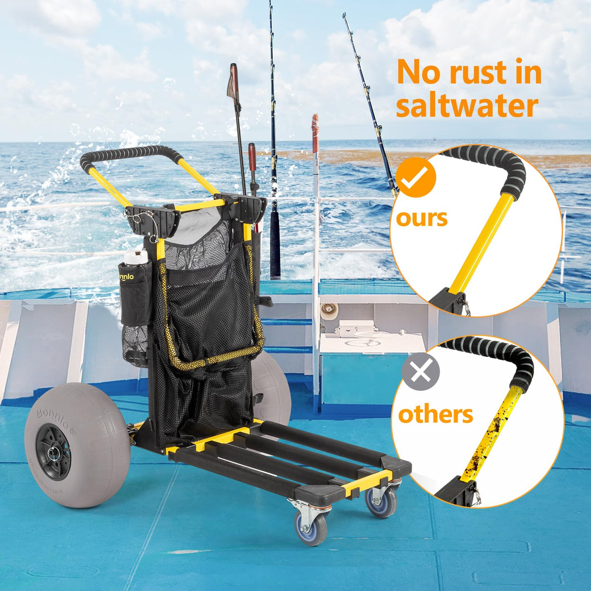Bonnlo Beach Cart with 12" Big Balloon Wheels for Sand, Foldable 2-in-1 Beach Buggy Cart Fishing Cart with Large Cargo Deck, Fishing Rods Holder, Water Bottle Holder, 2 Mesh Bag, Hand Pump