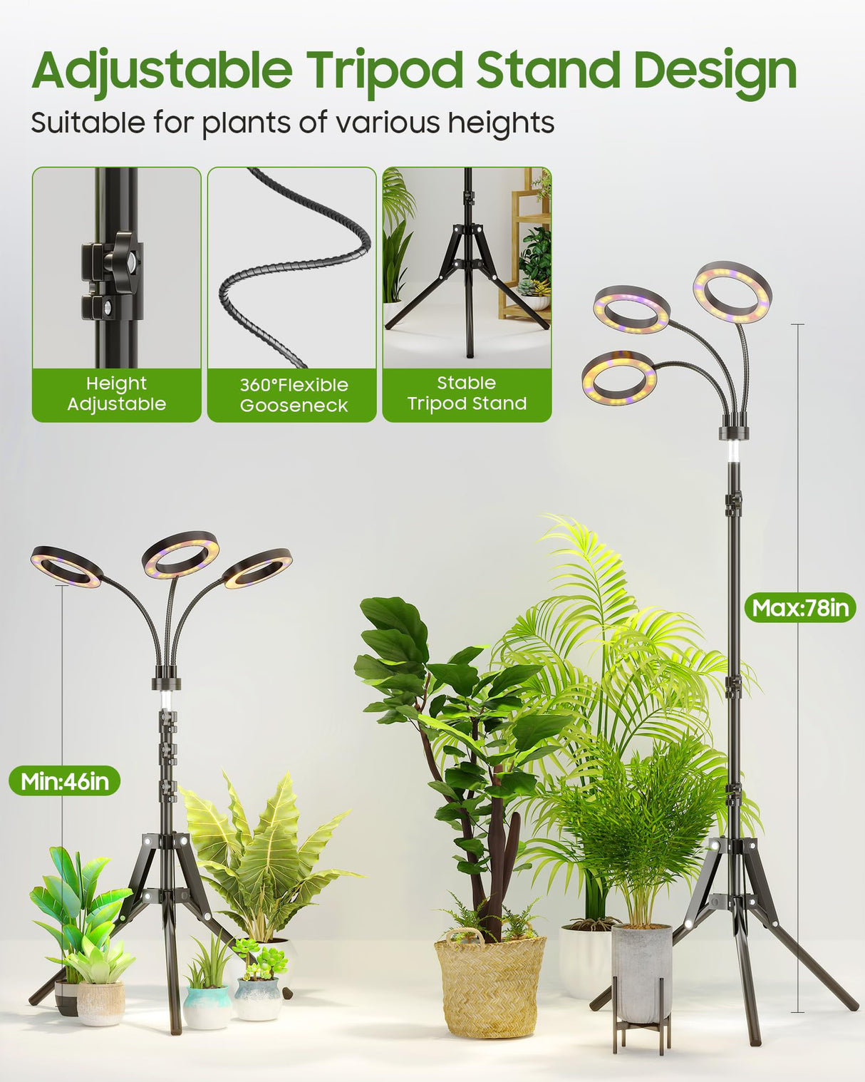 Tmsluody Grow Lights for Indoor Plants, Full Spectrum LED Plant Light with Tripod Stand, Plant Growing Lamps with Timer 3/9/12H, 3 Color Modes, 6 Brightness, 78'' Adjustable Height for Large Plants