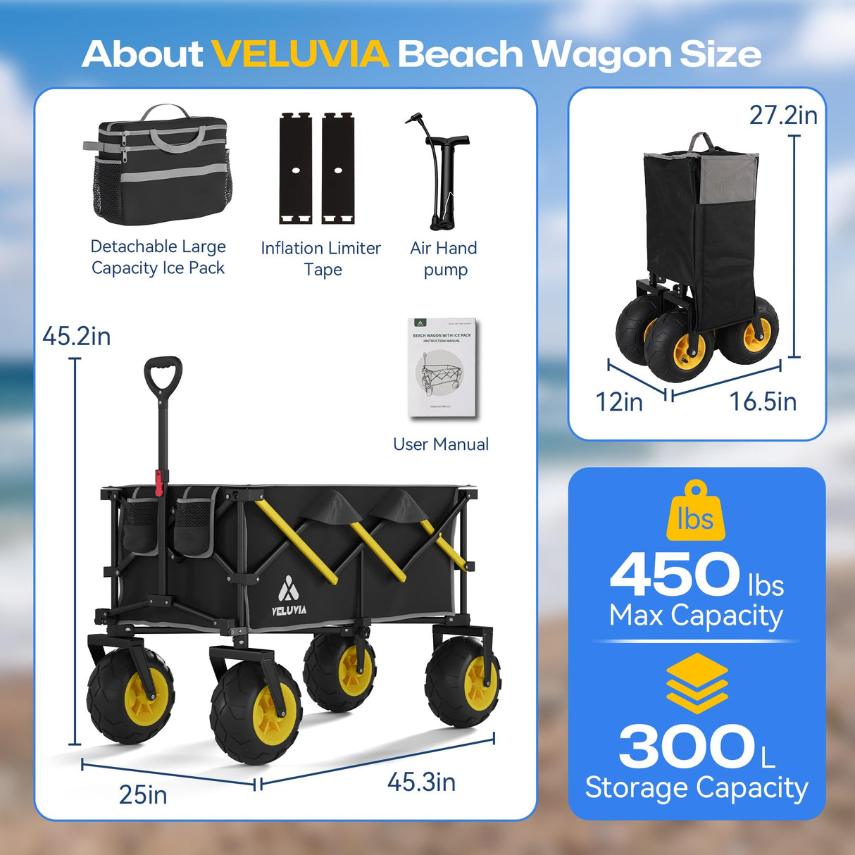 VELUVIA Beach Wagon with Big Balloon Wheels for Sand, 450LB Heavy Duty