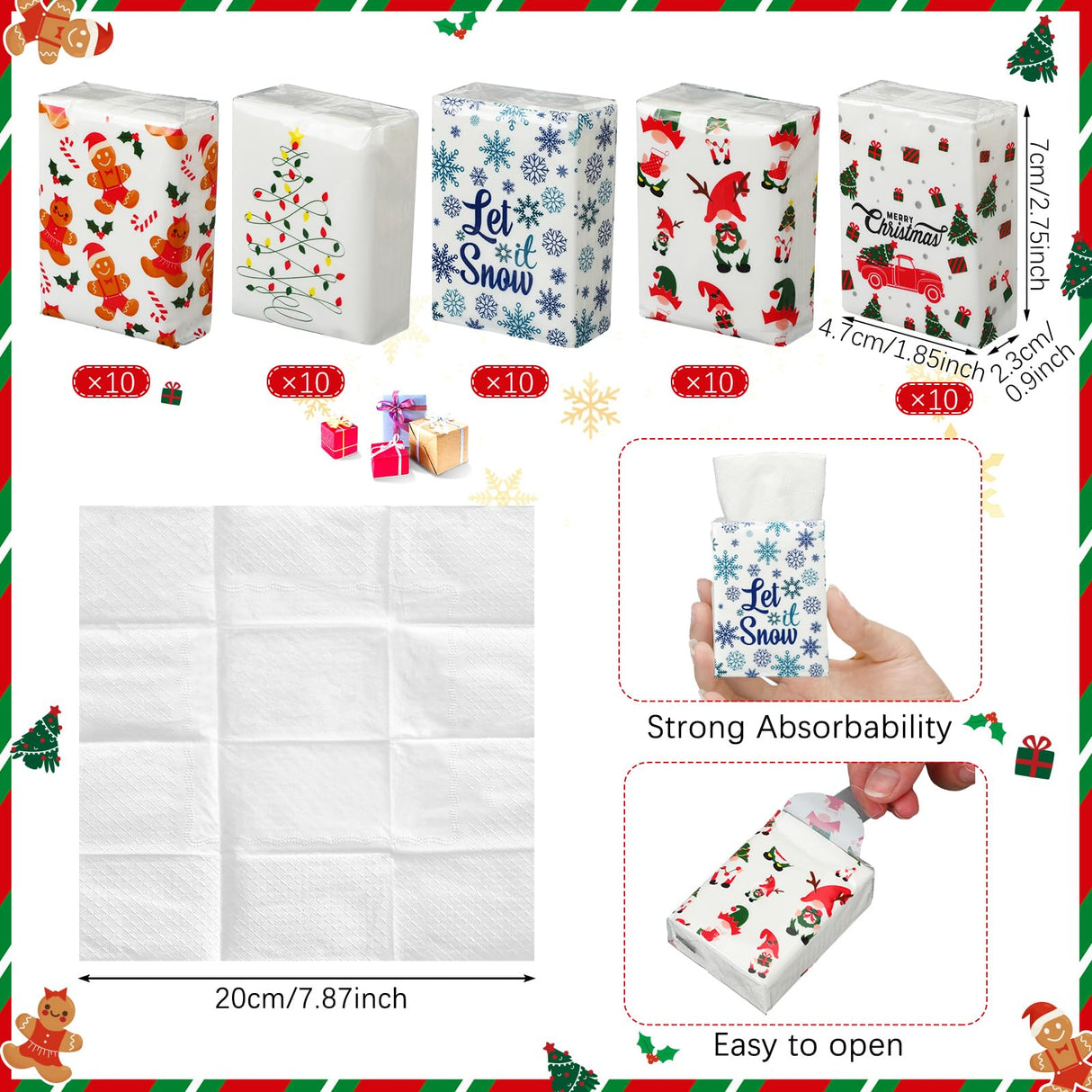 Ctosree 50 Pack Christmas Pocket Tissues Merry Xmas Travel Packs Bulk 500 Sheet Snow Flake Small Individual Tissues Pocket Packs 3 Ply Mini Travel Size for School Camping