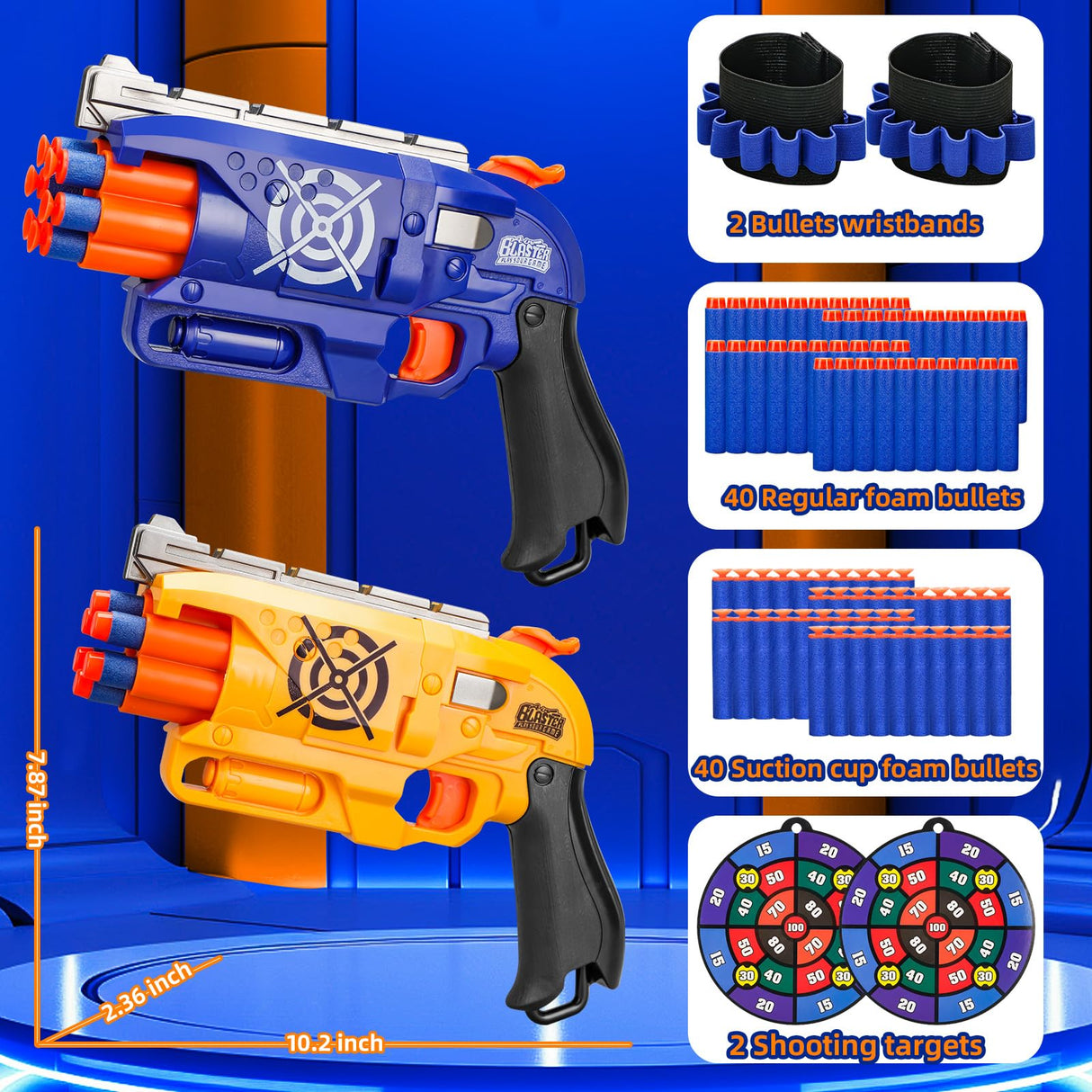 2 Pack Blaster Guns Boys Toy for 3+ Year Old Kids, 80 Soft Foam Darts Bullets, 2 Targets & 2 Wrist Strap, Gun Toys Gifts for Ages 8-12,Christmas Stocking Stuffers Party Supplies for Toddler Orange