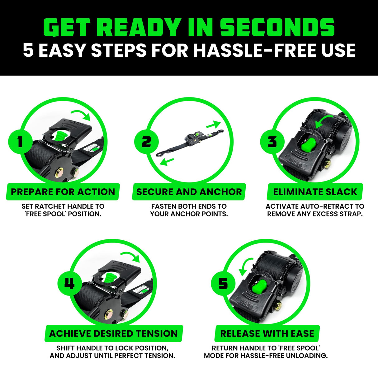 Rhino USA Retractable Ratchet Straps (4-Pack) - 1 Inch x 10 Feet (1,209lb Break Strength) - Auto Self Retracting Tie Down Straps for Truck, Cargo Trailer, Motorcycle, ATV, UTV - Black