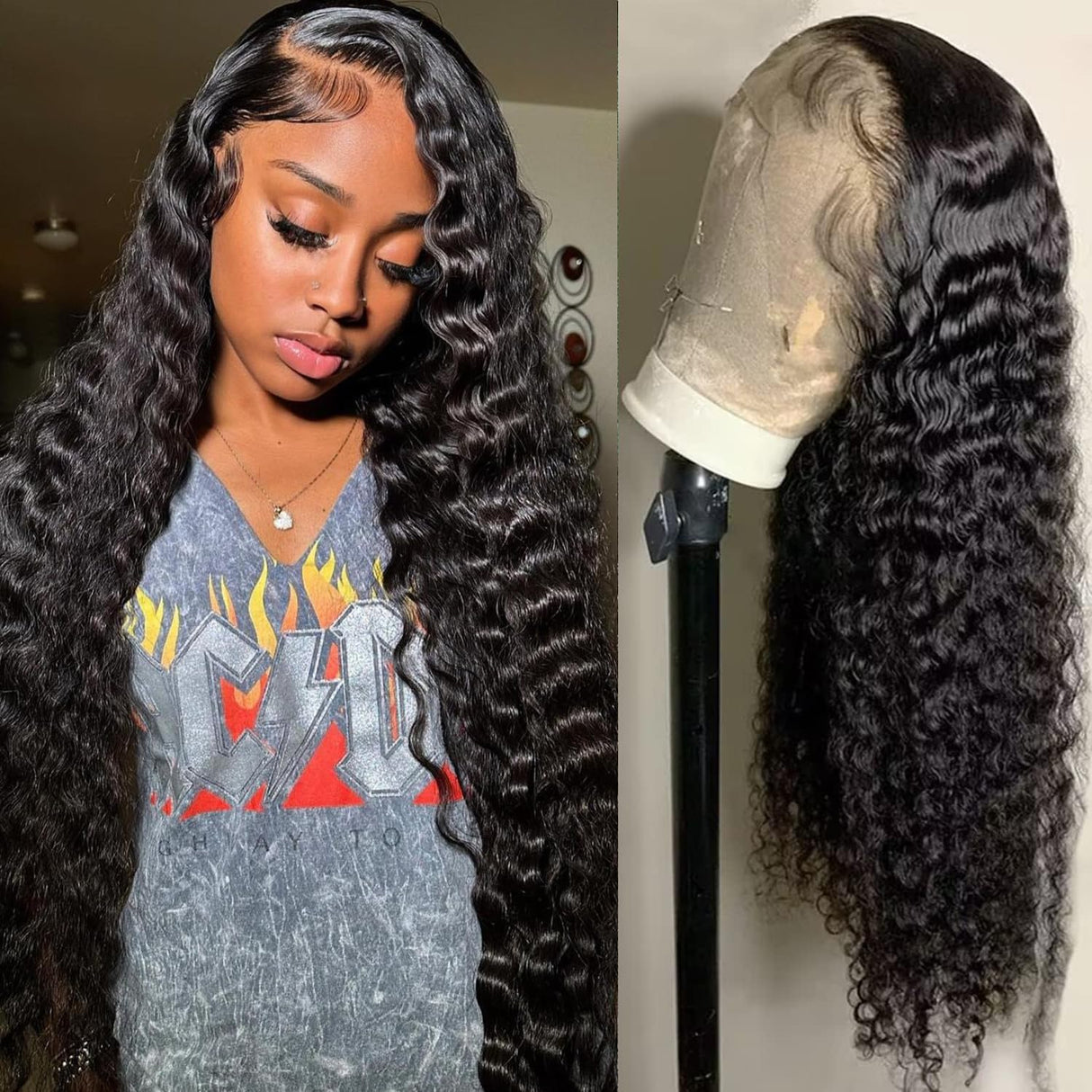 Bling Hair 13x6 Deep Wave Lace Front Wigs Human Hair Pre Plucked Lace Frontal Wigs HD Lace Frontal Wigs 180% Density Transparent Lace Frontal Wig Curly Wigs 30 Inch Natural Color Bleached Knots
