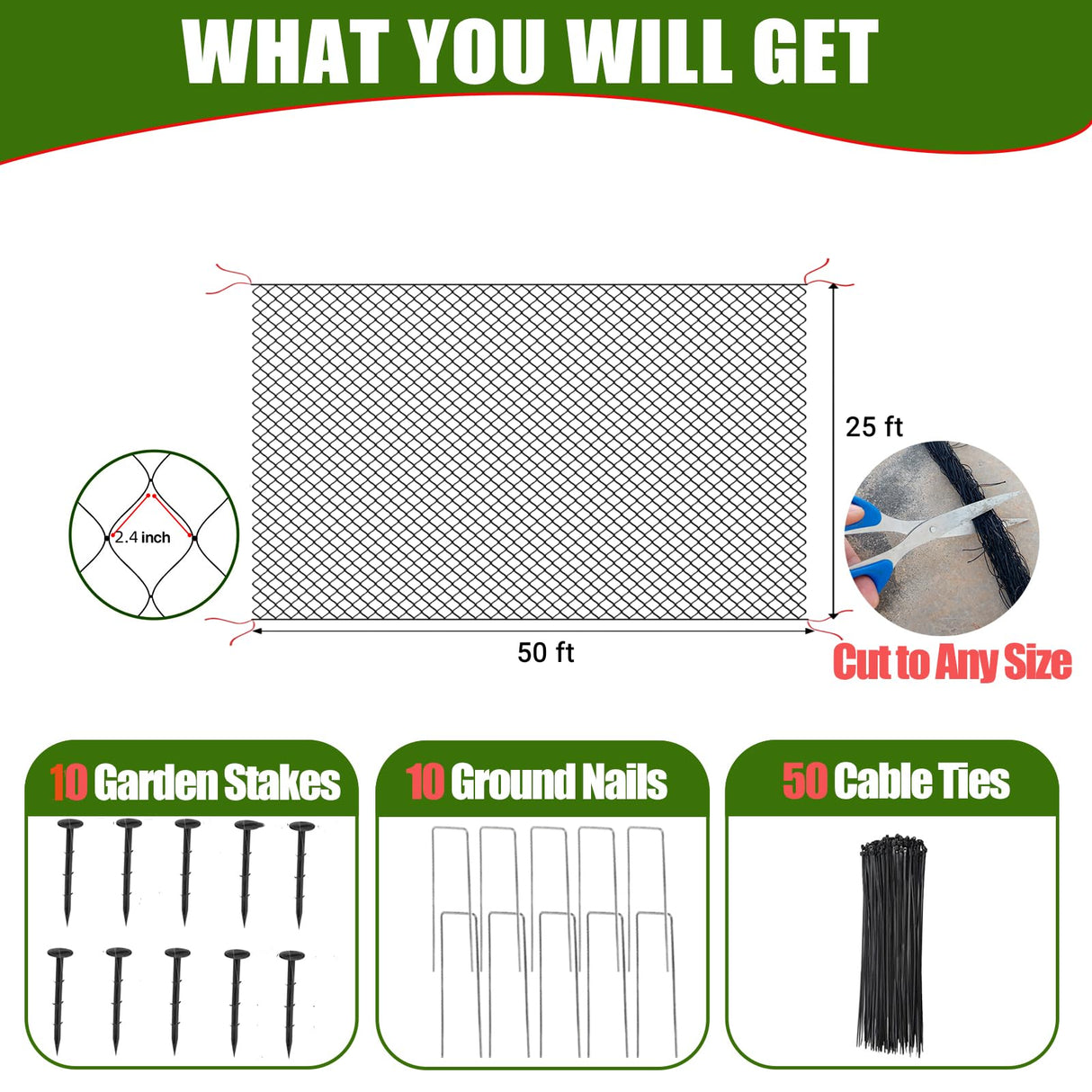 CITOOTY Bird Netting for Chicken Coop Run, 25x50 Ft Heavy Duty Poultry Netting with 2.4" Mesh, UV Resistant Black Net Garden Netting for Fruit Trees, Vegetable Plants, and Yard Protection