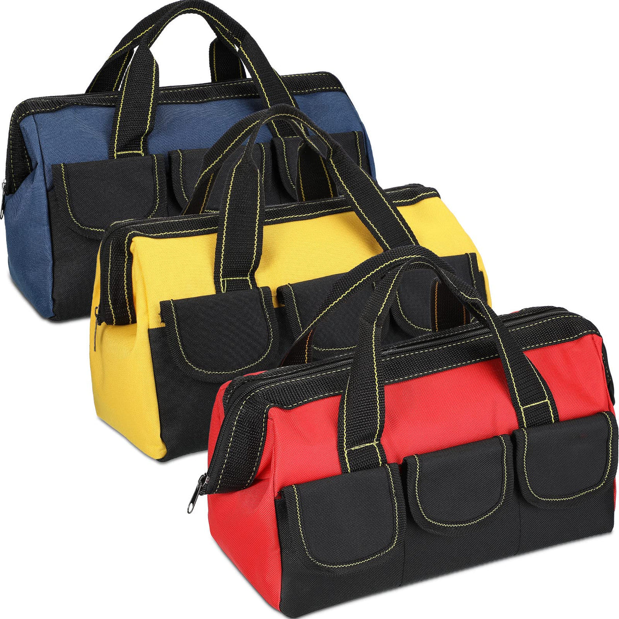 Sanwuta 3 Pack Tool Bag for Men with Waterproof Hard Bottom, Heavy Duty Tool Bag Wide Mouth Tote for Various Instrument, Electrician Carpenter Mechanic(Blue, Red, Yellow,13 Inch,Classic)