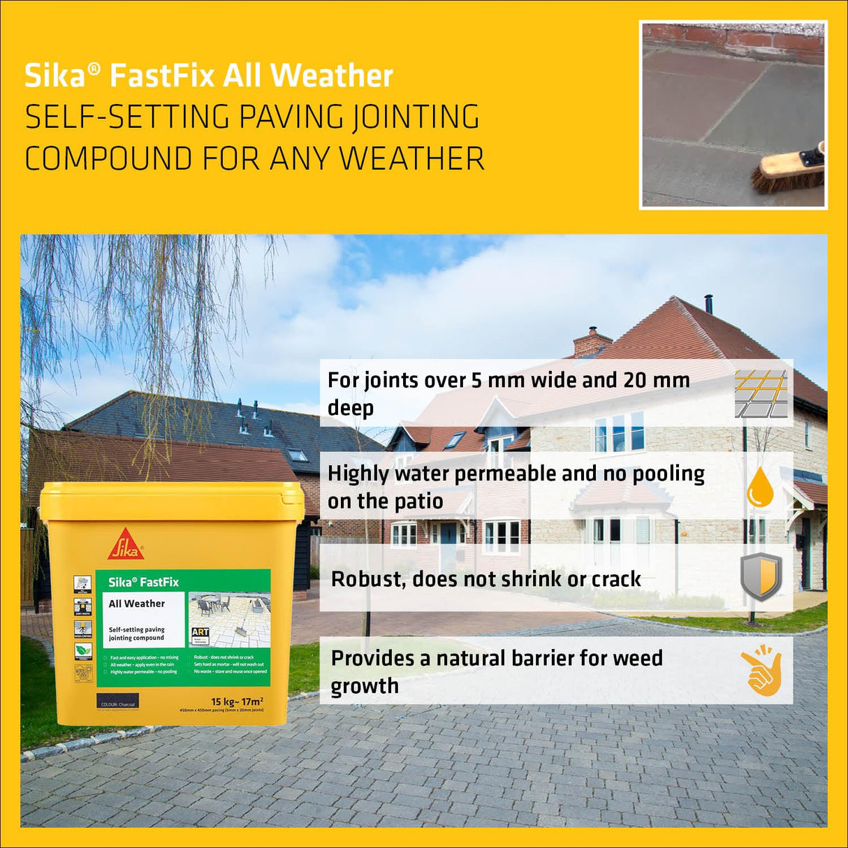 Sika – FastFix All Weather Self-Setting Paving Jointing Compound – Ready to Use – No Mixing Required – Dark Buff – 15kg – 21 sq. m