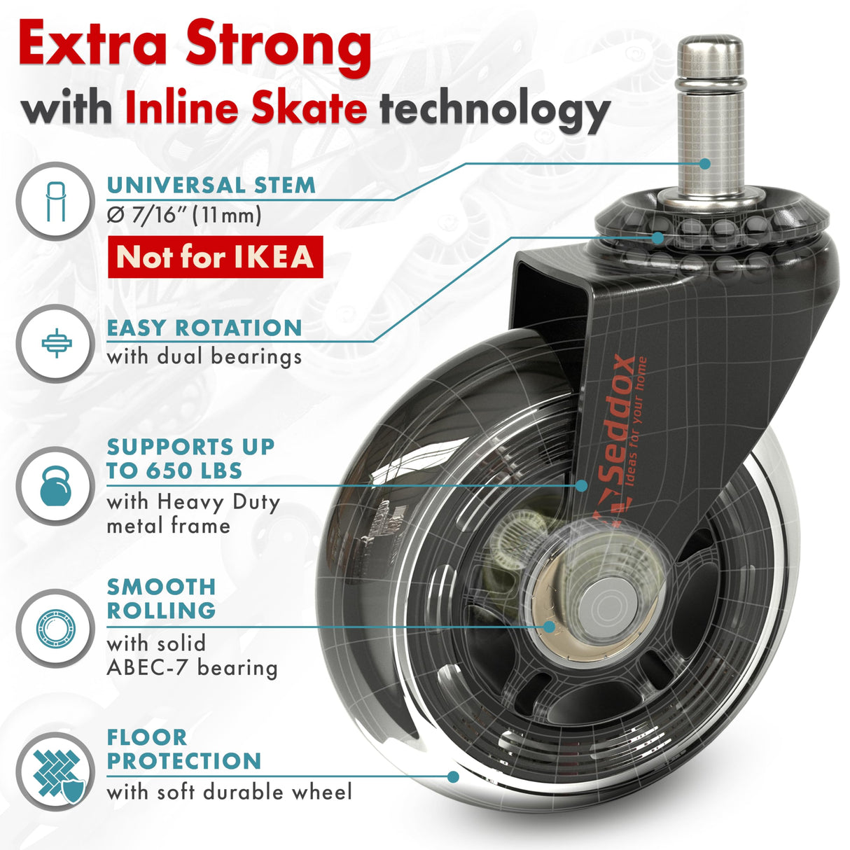 SEDDOX Office Chair Wheels Replacement Set of 5 - Desk Chair Casters for Hardwood & Carpet - Heavy Duty & Safe for All Floors - Universal Fit for Most Computer Gaming & Office Chairs - 3 Inch