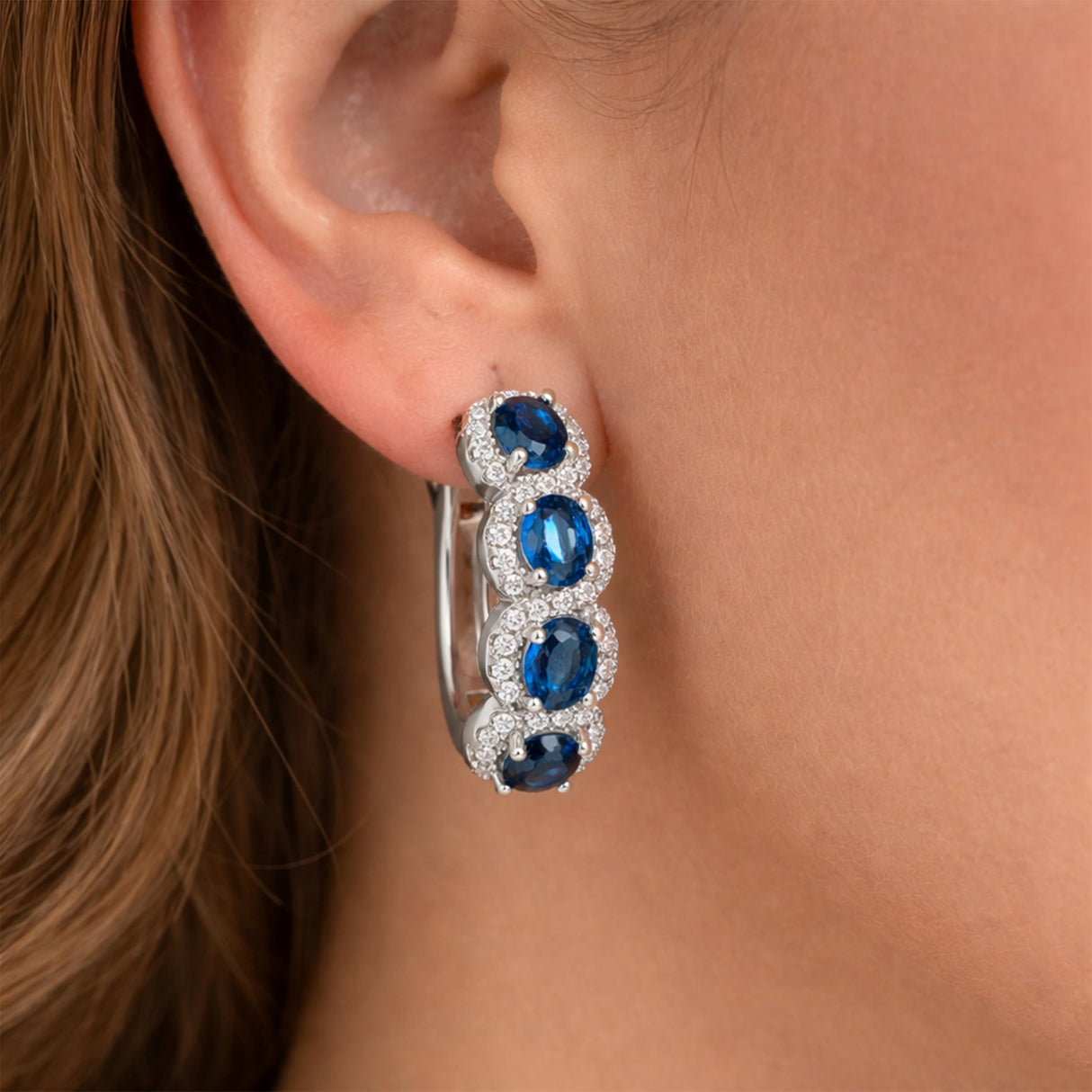 Amy & Annette Blue Sapphire Earrings - 18k White Gold Plated Halo Earring for Women - Great Gift Idea for Every Occasion