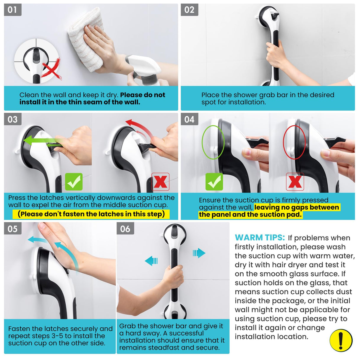 TAILI Shower Grab Bar 2 Pack Suction Grab Bars for Bathtubs and Showers, Heavy Duty Shower Handle Removable Shower Handrails for Seniors and Elderly, Bathroom Safety Grip No Drilling Waterproof, Black