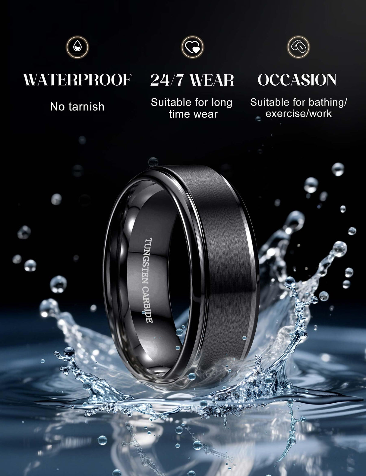 Jstyle 8MM Tungsten Wedding Band Ring for Men Black Rings Size 9.5
