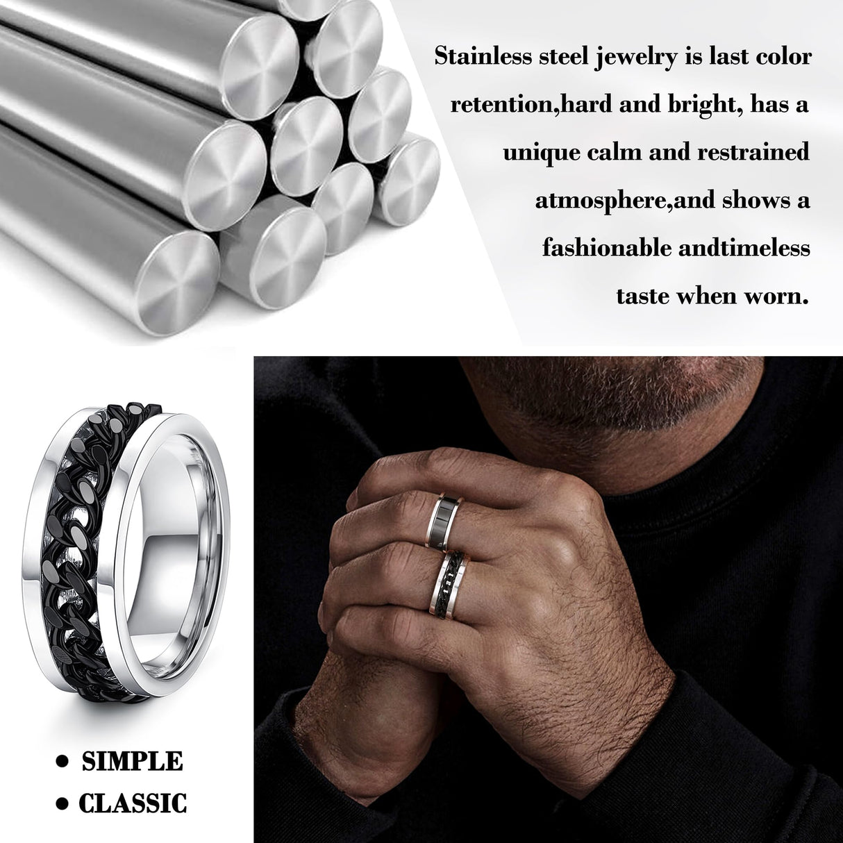 Besteel 16Pcs Stainless Steel Spinner Fidget Rings for Men Women Size 8