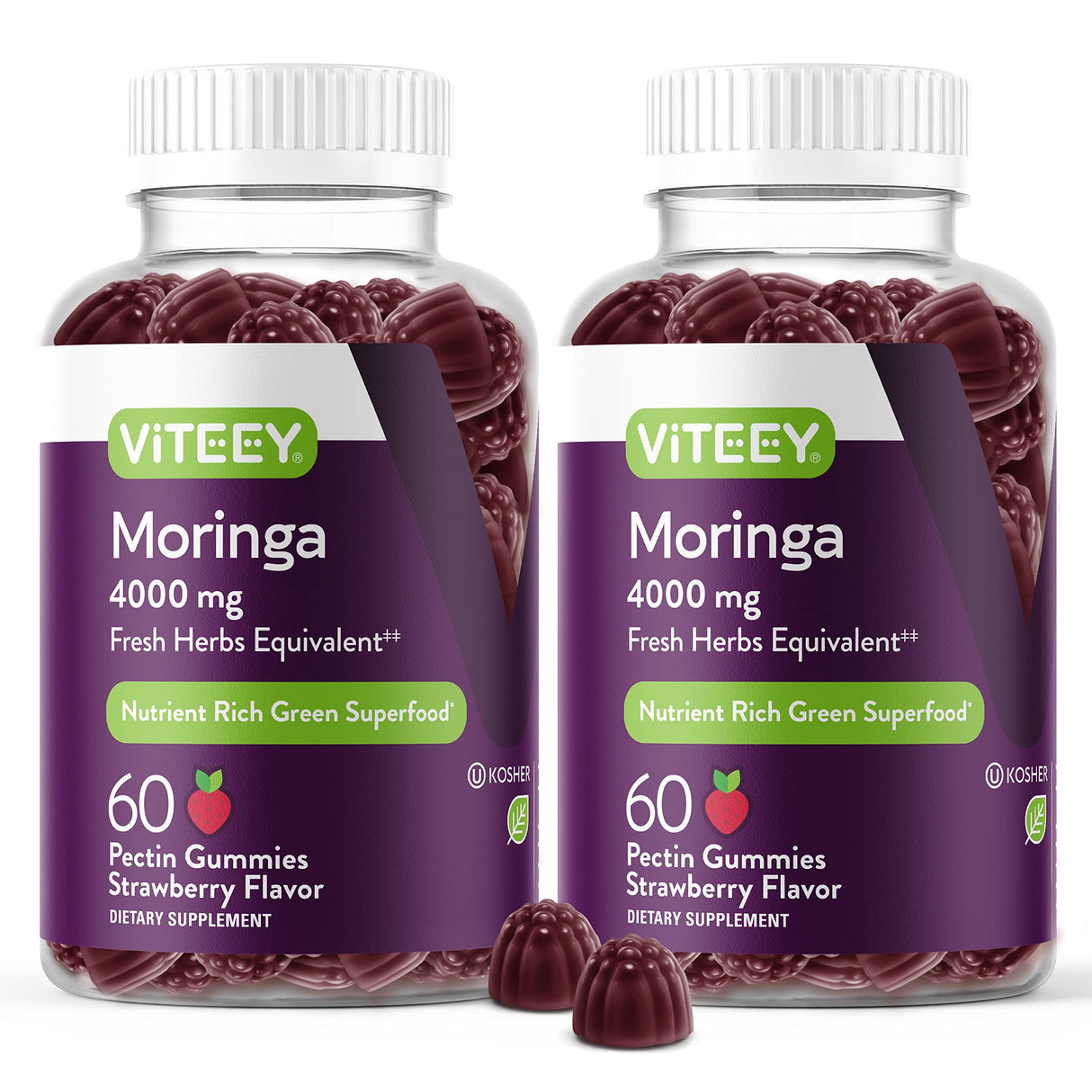 Viteey Moringa Gummies for Adults & Teens - Moringa Leaf Extract 4000mg - Immune Support, Energy Booster, Better Mood Support - Chewable Green Superfood - Vegan, Gelatin Free - Strawberry Flavored