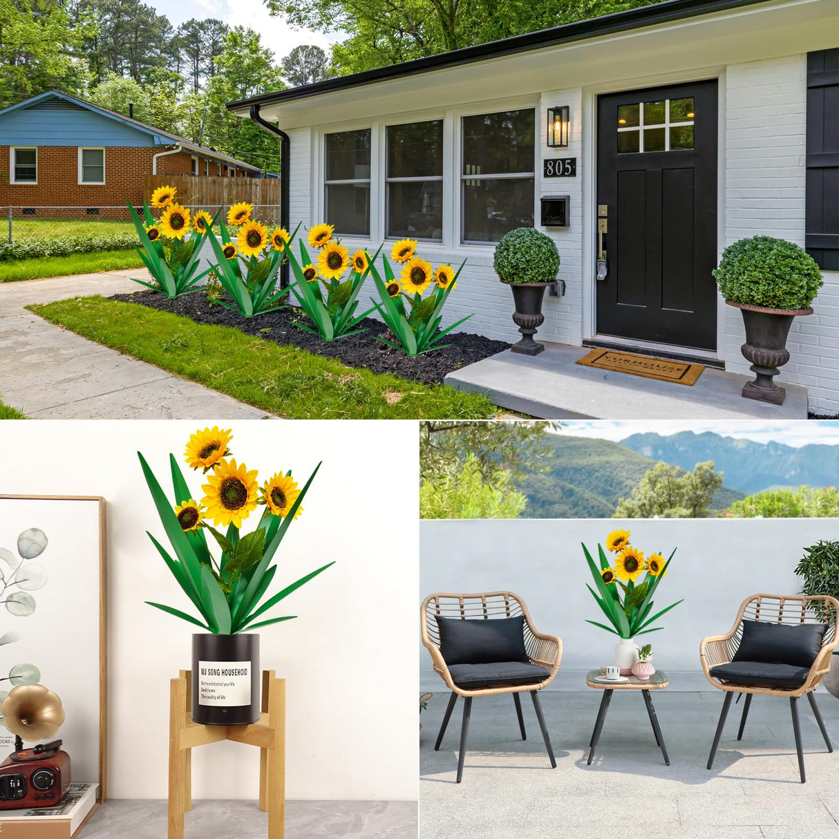 DDQ 2PC Metal Agave Plant Outdoor Decor with Artificial Flowers, 2 Pack Tequila Rustic Sculpture, Waterproof Yard Art for Patio Lawn, Multiple Flower Options (Green Agave + Sunflower)