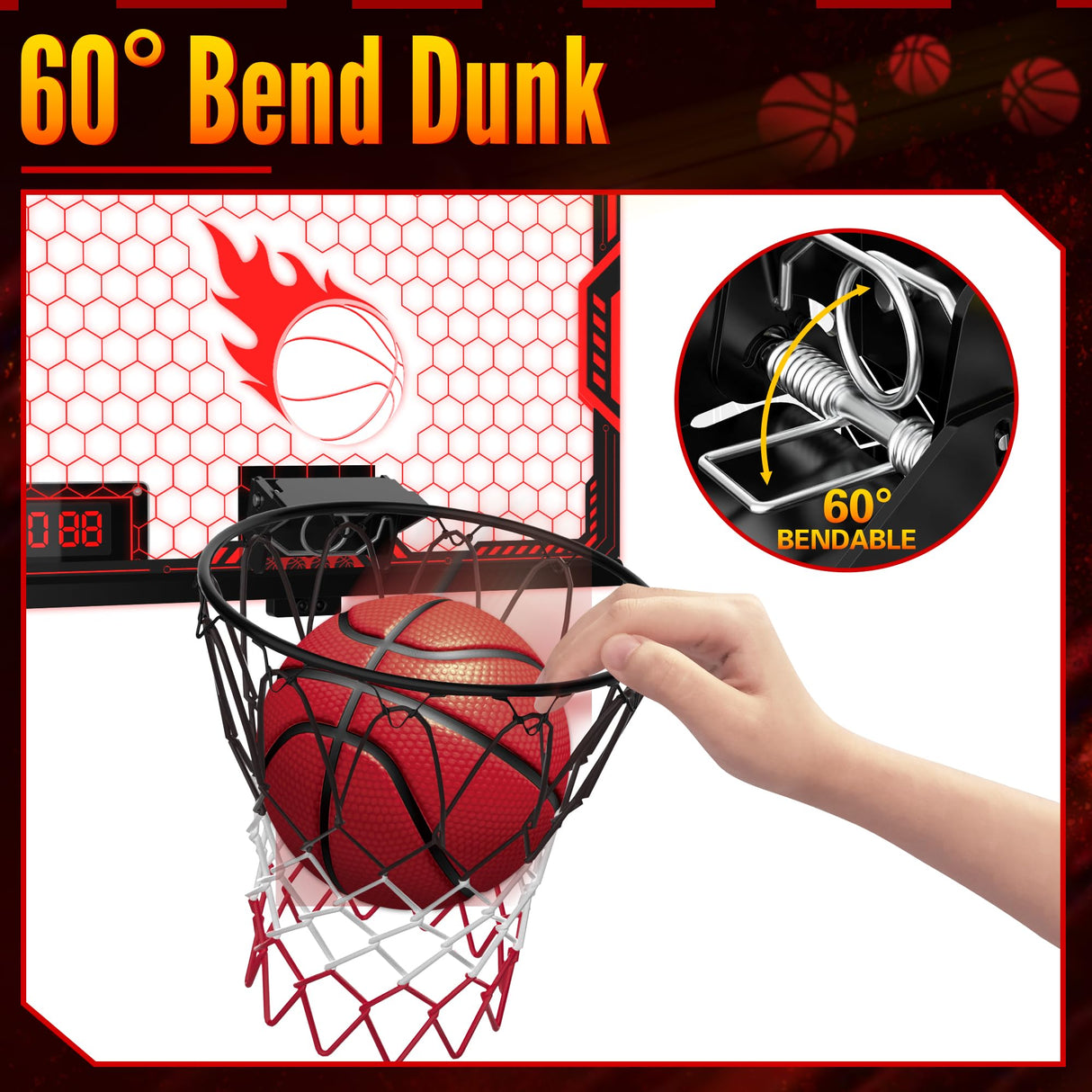 ZIZZ Indoor Basketball Hoop for Kids: Over The Door Basketball Hoop with LED Light & Scoreboard Mini Basketball Hoops with 3 Balls Christmas Birthday Toys Gifts for 5 6 7 8 9 10 11 Year Old Boys Girls