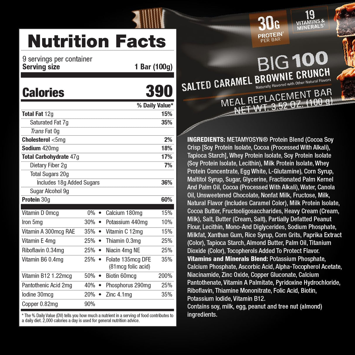 MET-Rx Big 100 Protein Bar, Meal Replacement Bar, 30G Protein, Salted Caramel Brownie Crunch, 9 Count, 3.52 Oz.(Packaging may vary)