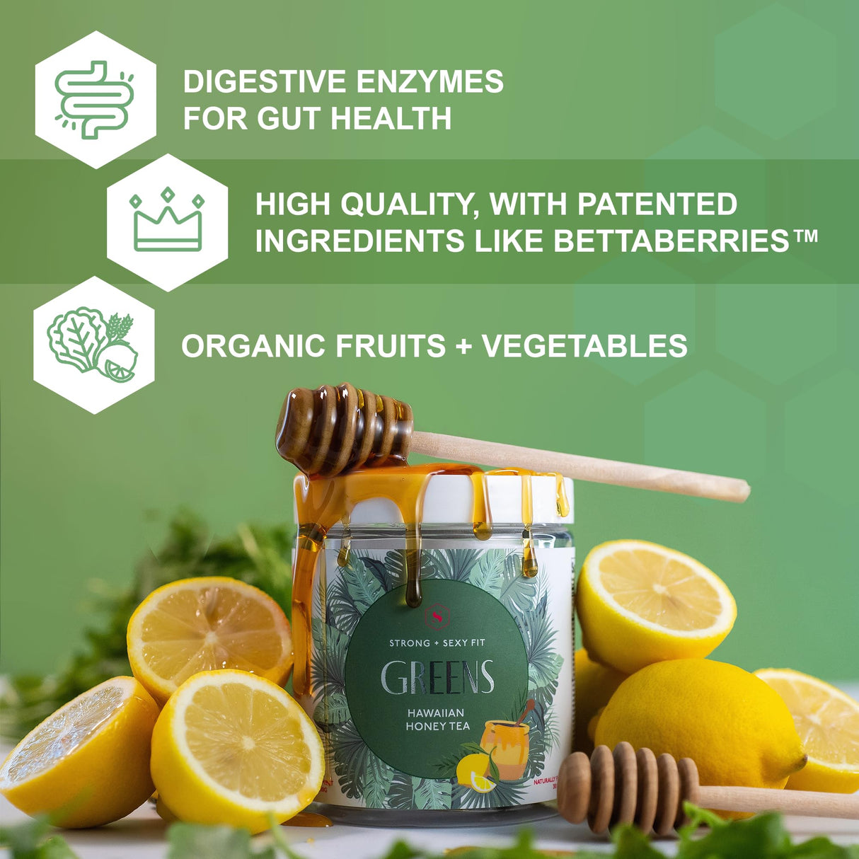 Strong + Sexy Fit Greens Powder, Green Juice Mix for Gut Health, Energy & Immune Support, Fruit and Veggies Supplement with Wheat Grass, Digestive Enzyme, Vitamin C, Electrolytes, Barley, 30 SVG