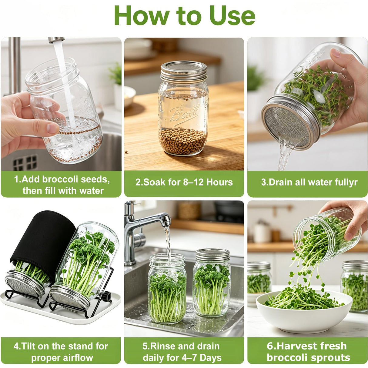 Broccoli Sprout Growing Kit, 2 Large 1000ML Wide Mouth Mason Jars with Sprout Lids, Stainless Steel Stand, Blackout Sleeves, Cleaning Brush, Drain Tray- Grow Broccoli, Alfalfa & Bean Microgreens