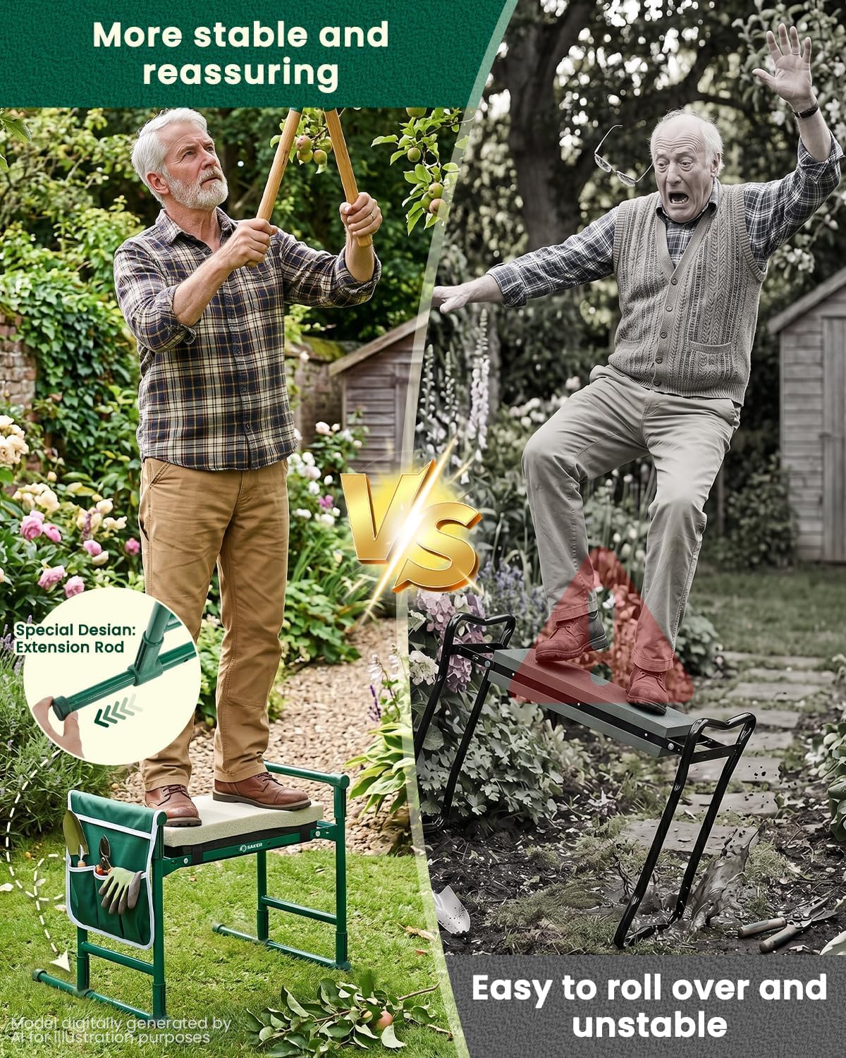Saker 2026 Upgraded Garden Kneeler and Seat - Gardening Bench Gardening Stool with 500LB Heavy Duty Round-Tube Frame, Soft Kneeling Pad Foldable Support for Elderly, Gardening (Luxury Version)