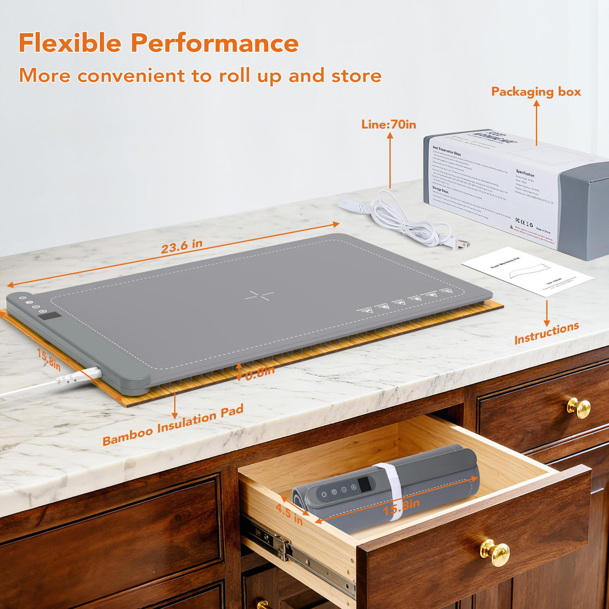 Warming Mat for Food, Electric Warming Tray for Parties Buffet, Graphene 3S Rapid Full-Surface Heating Mat with 8 Levels Adjustable Temp and 12 Hours Timer, Food Warming Pad with Bamboo Insulating Mat