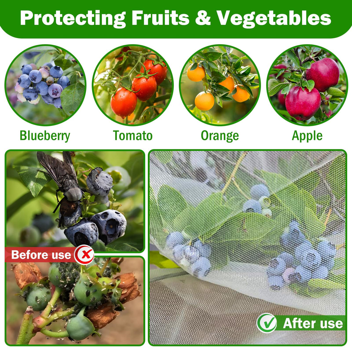 2 PCS Large Fruits Tree Netting Cover for Garden, 6.6 x 8.2 ft Insect Bird Barrier Deer Netting Cover Bag with Drawstring Garden Plant Netting for Tomato Blueberry Bush Netting Covers